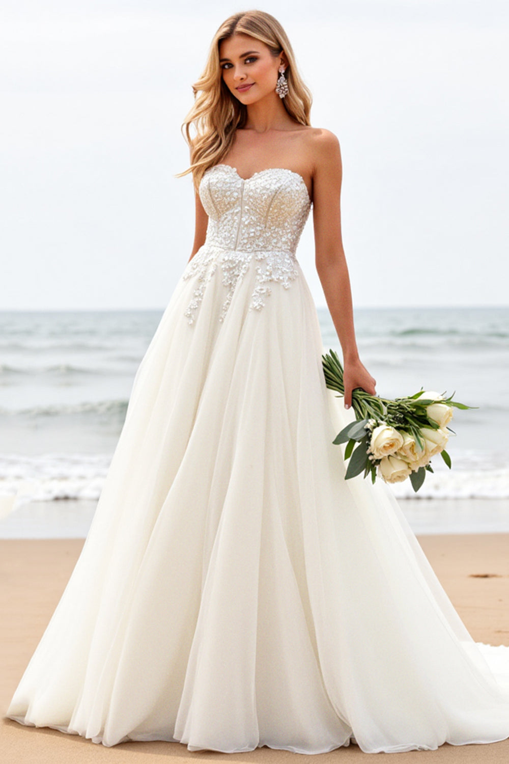 White A-Line Strapless Corset Tulle Long Bridal Dress With Appliques