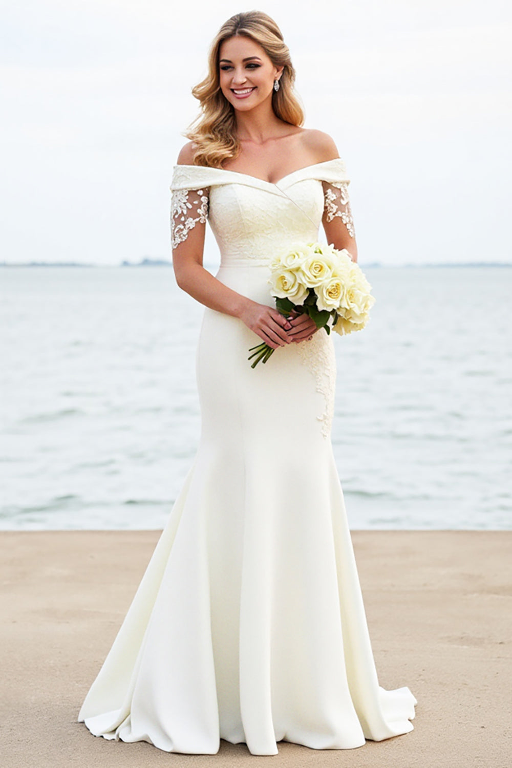 White Mermaid Off The Shoulder Satin Long Bridal Dress With Lace