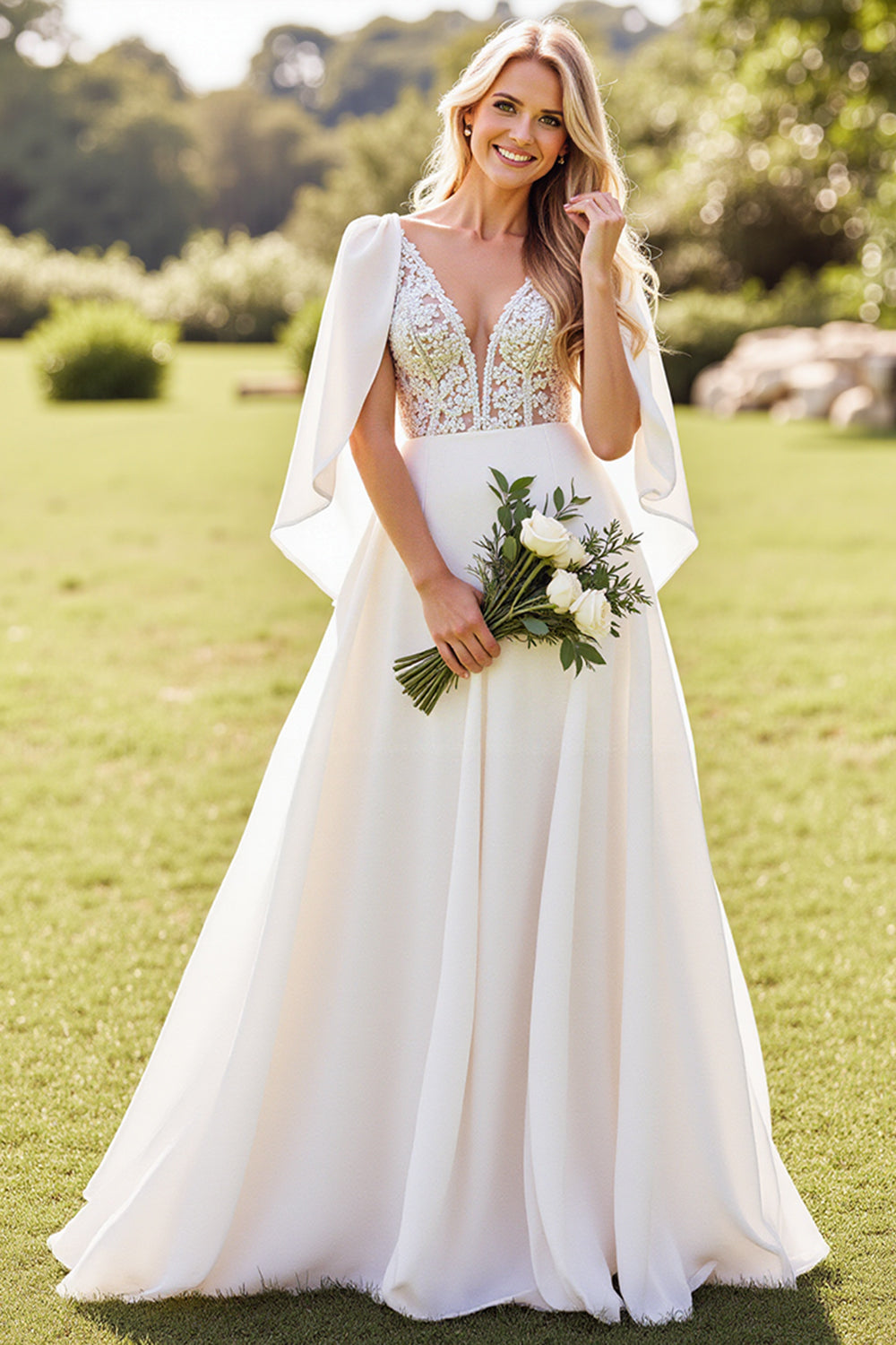 White Lace Corset Deep V Neck A-Line Long Bridal Dress With Cape