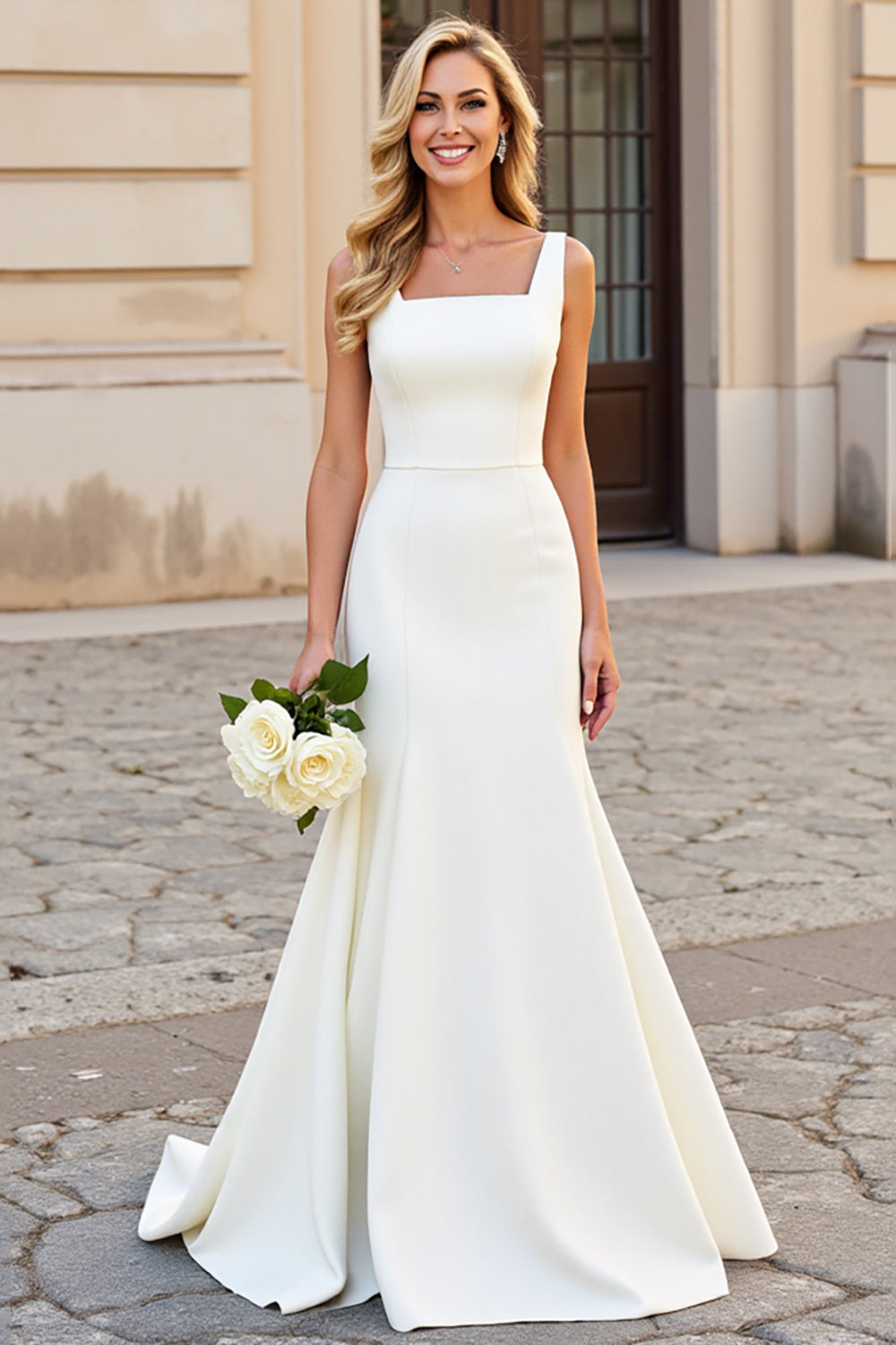 White Mermaid Square Neck Satin Long Bridal Dress