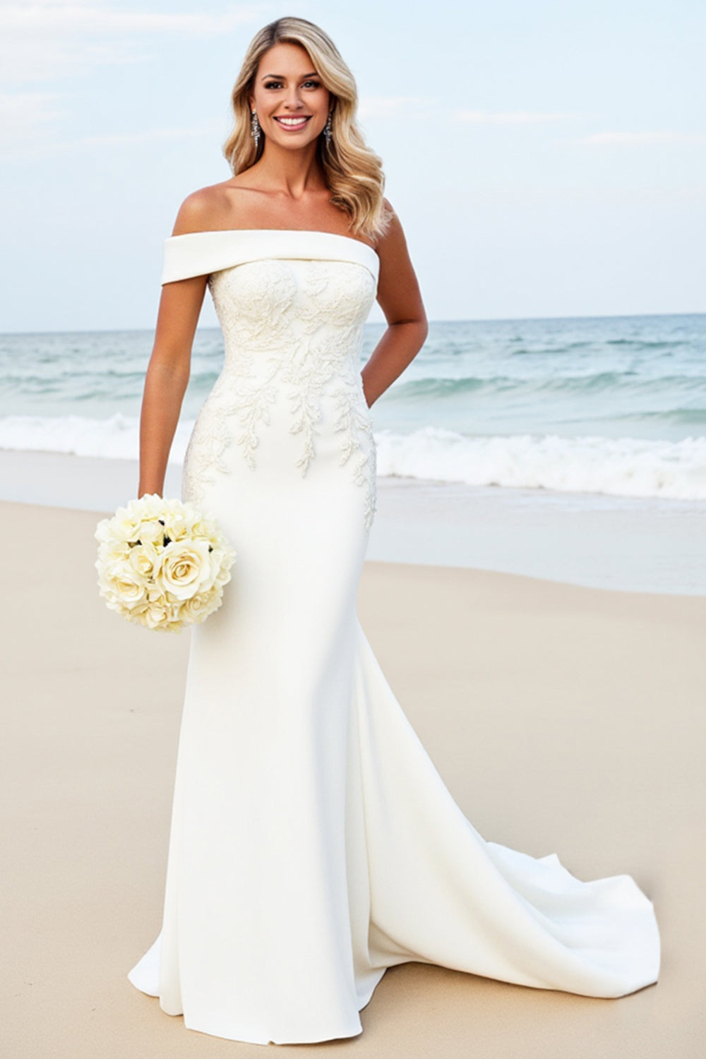 White Mermaid One Shoulder Satin Long Bridal Dress With Appliques