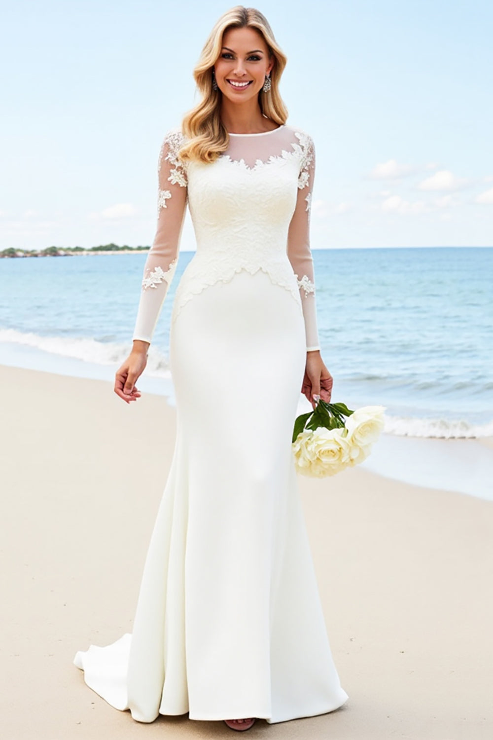 White Illusion Neck Mermaid Long Sleeves Satin Bridal Dress With Appliques