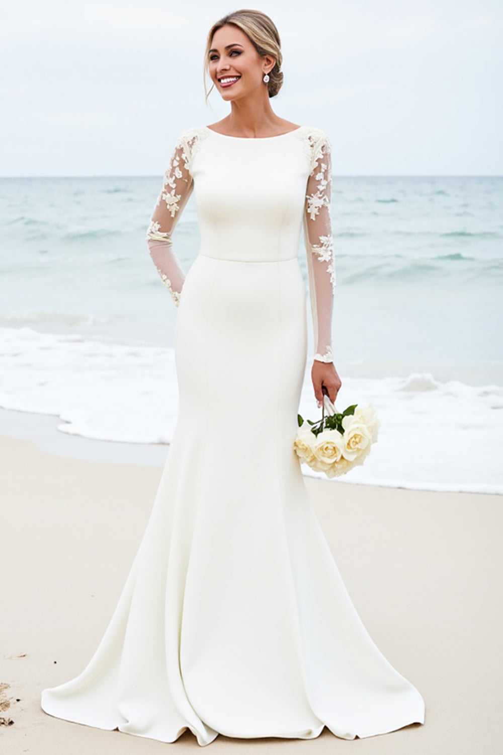 White Mermaid Long Sleeves Scoop Satin Bridal Dress With Lace