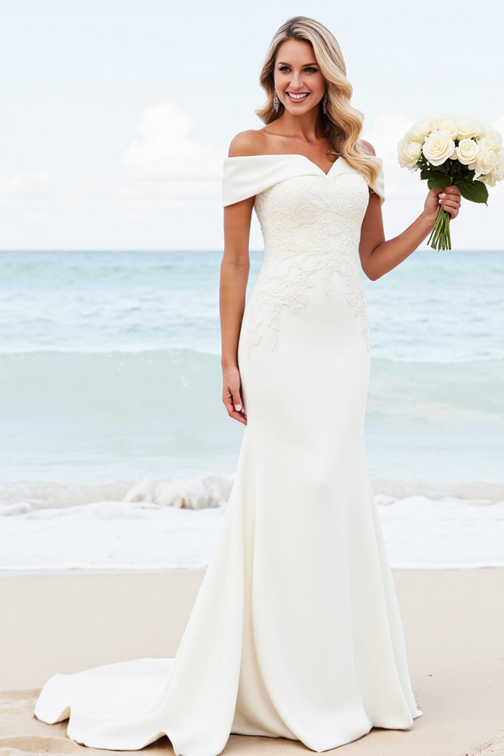 White Mermaid Satin Off The Shoulder Long Bridal Dress