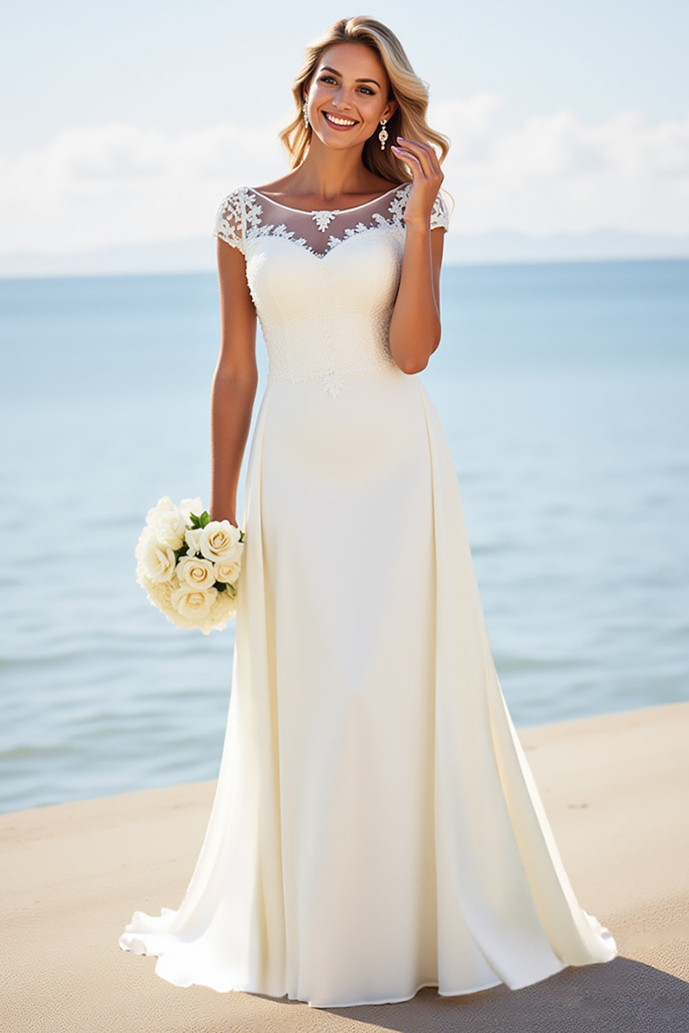 White Sheath Laced Scoop Satin Long Bridal Dress