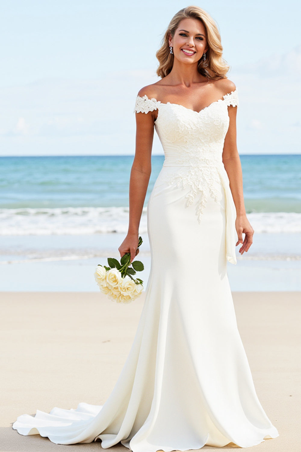 White Mermaid Off the Shoulder Satin Long Bridal Dress with Lace