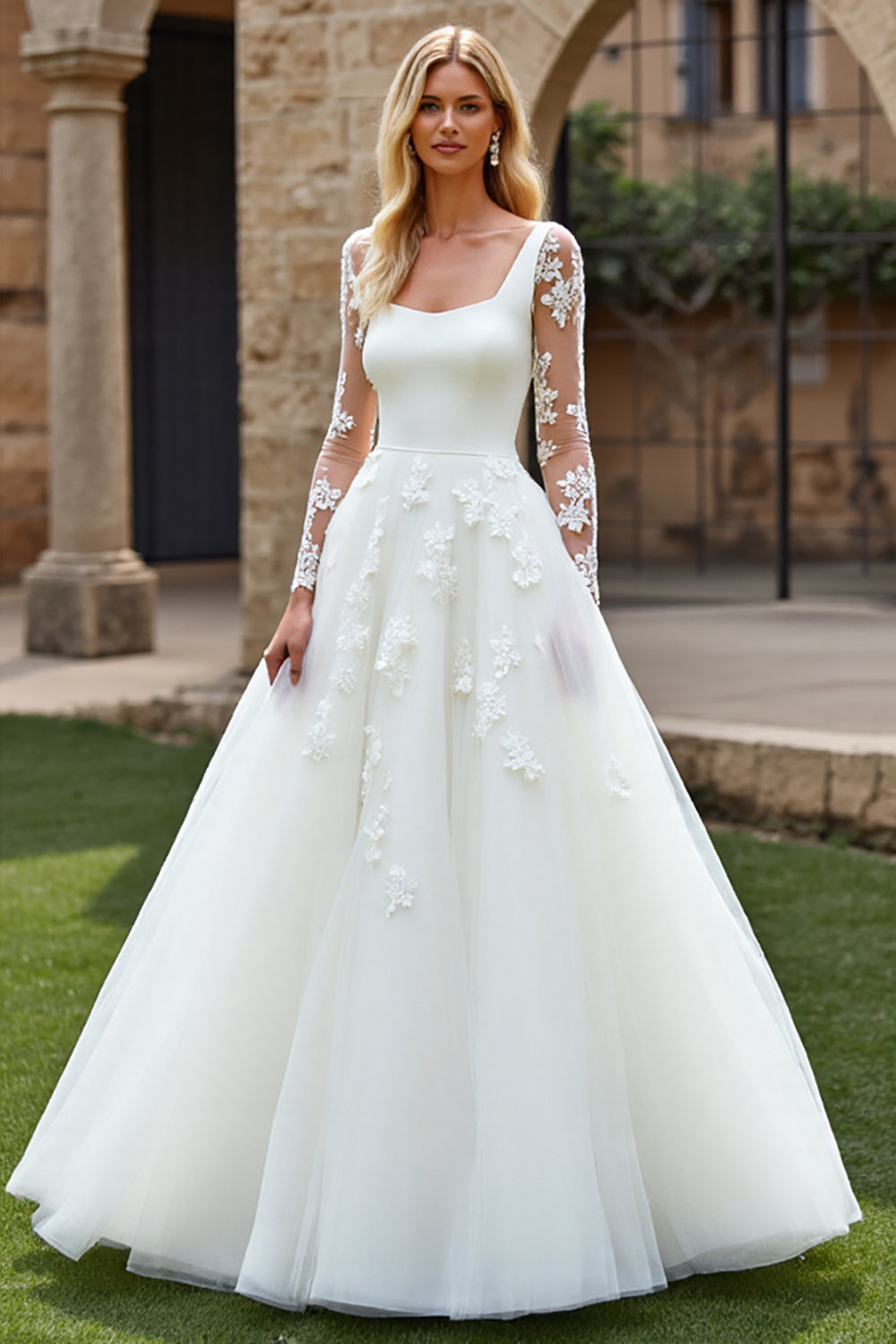 White A-Line Square Neck Long Sleeves Tulle Bridal Dress With Appliques