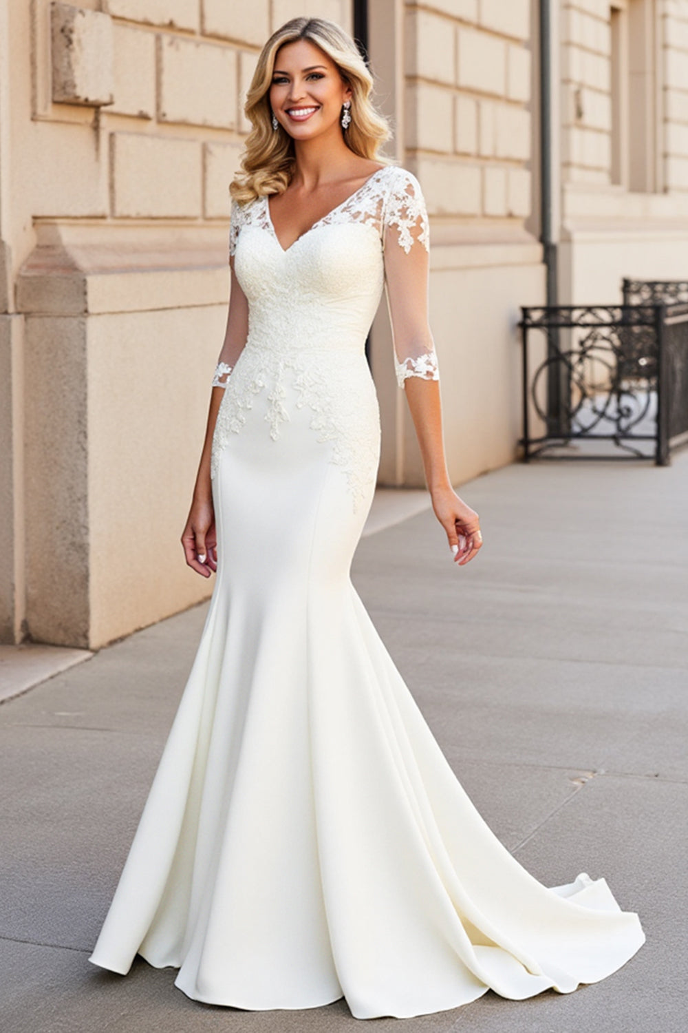 White Mermaid V Neck Half Sleeves Long Bridal Dress With Appliques