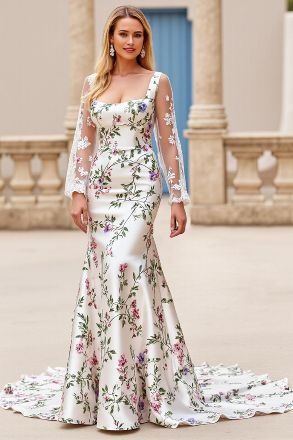 Ivory Flower Mermaid Square Neck Long Sleeves Bridal Dress with Lace - Fashionpara
