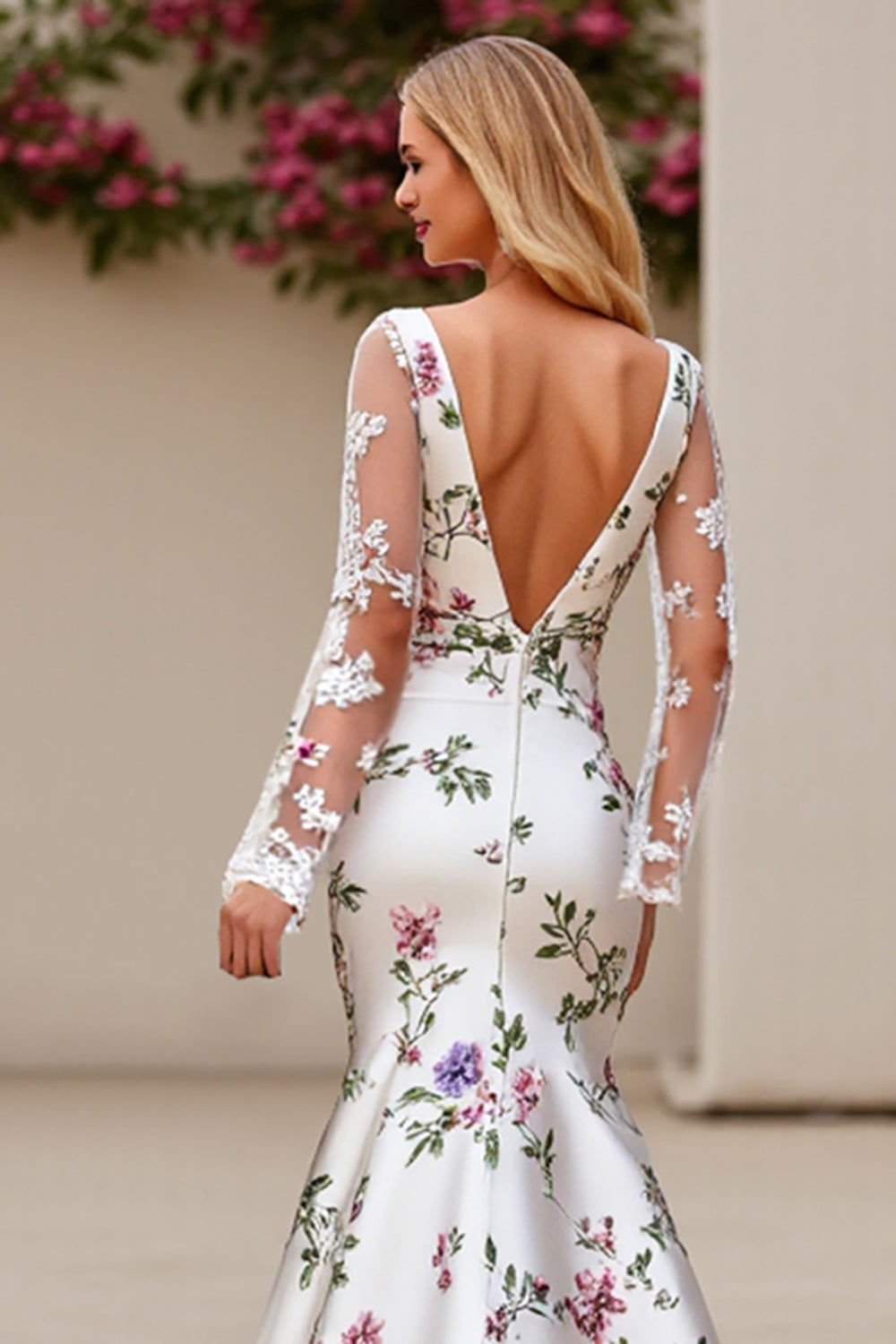 Ivory Flower Mermaid Square Neck Long Sleeves Bridal Dress with Lace - Fashionpara
