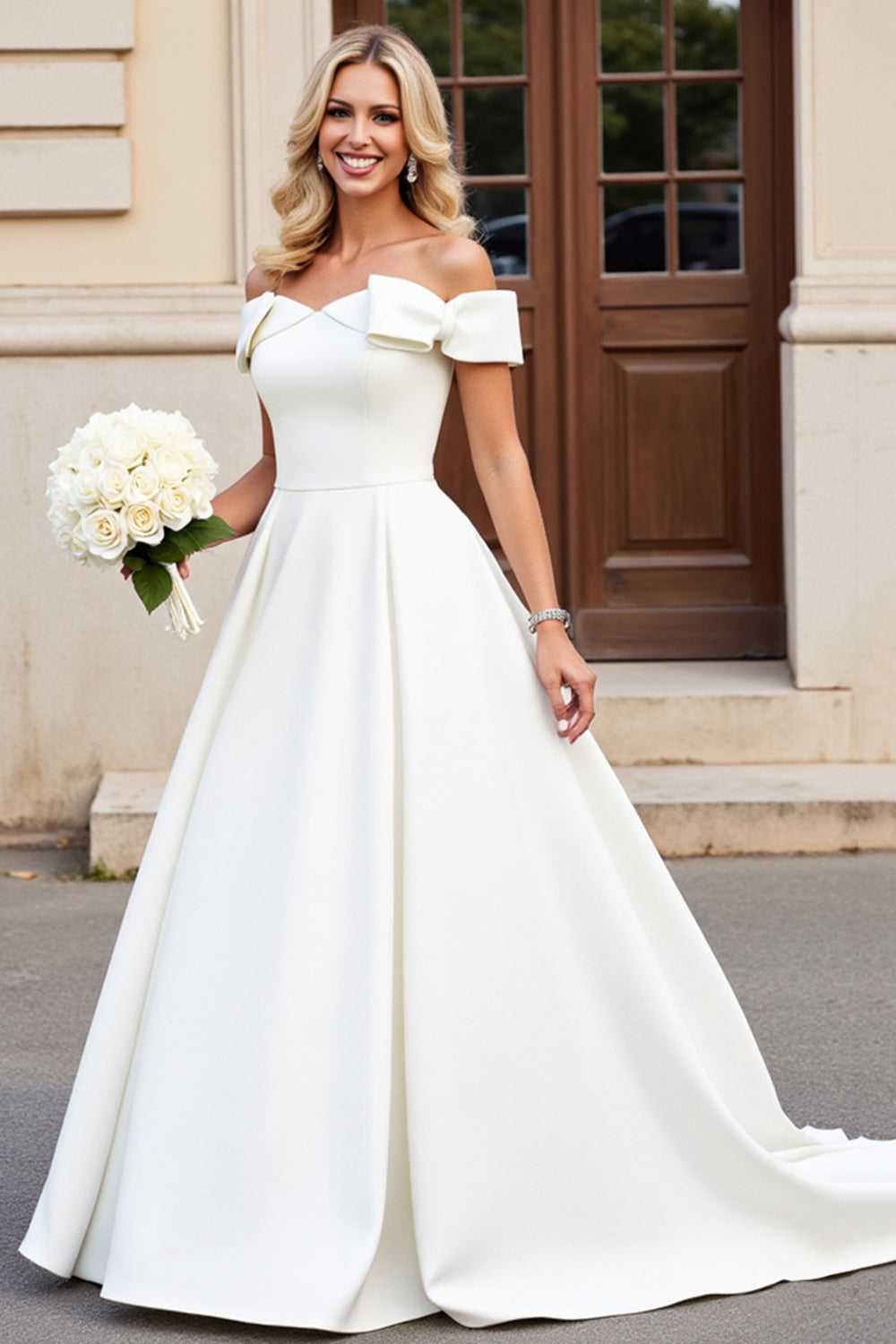 Ivory A-Line Off The Shoulder Satin Long Bridal Dress With Bows - Fashionpara
