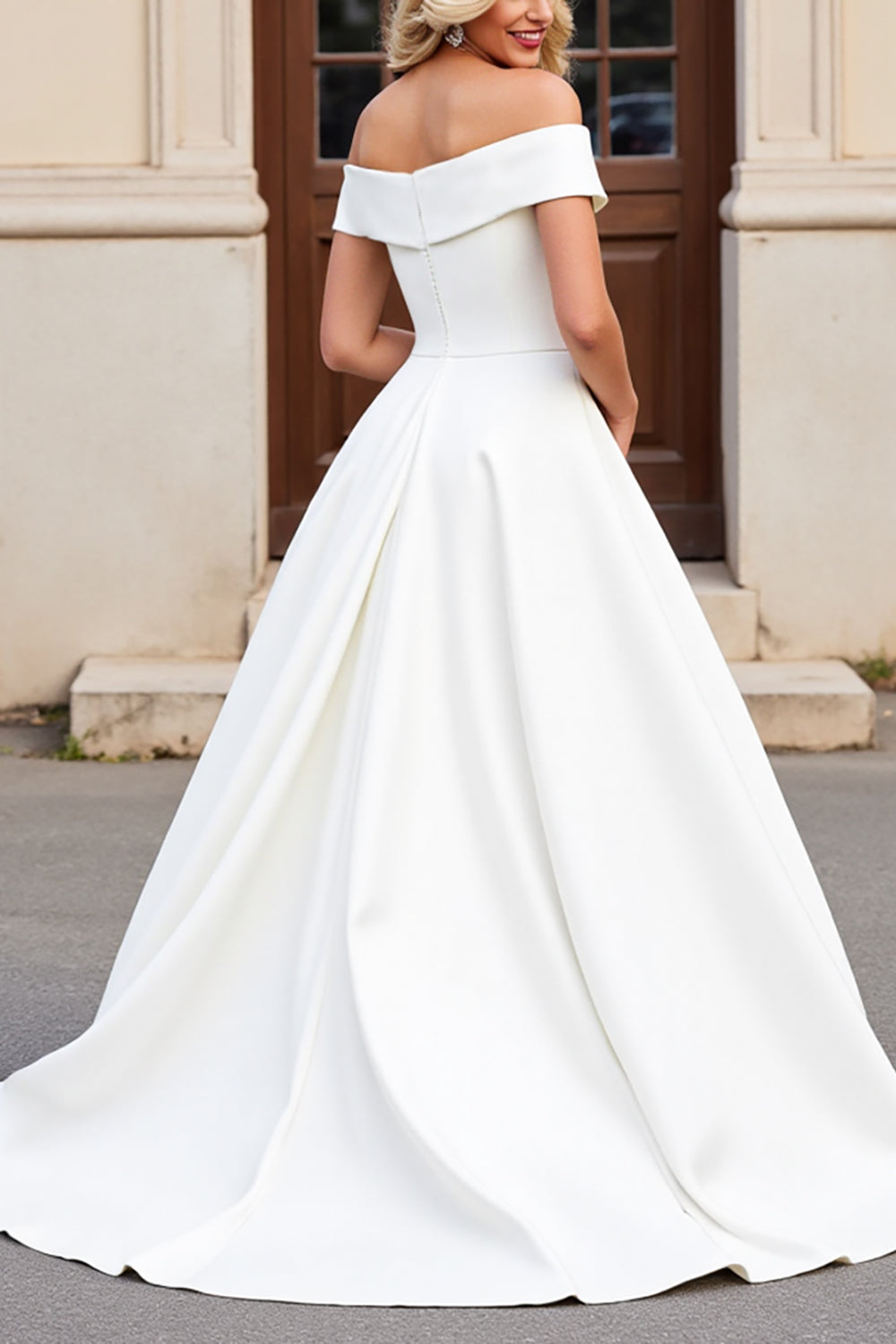 Ivory A-Line Off The Shoulder Satin Long Bridal Dress With Bows - Fashionpara