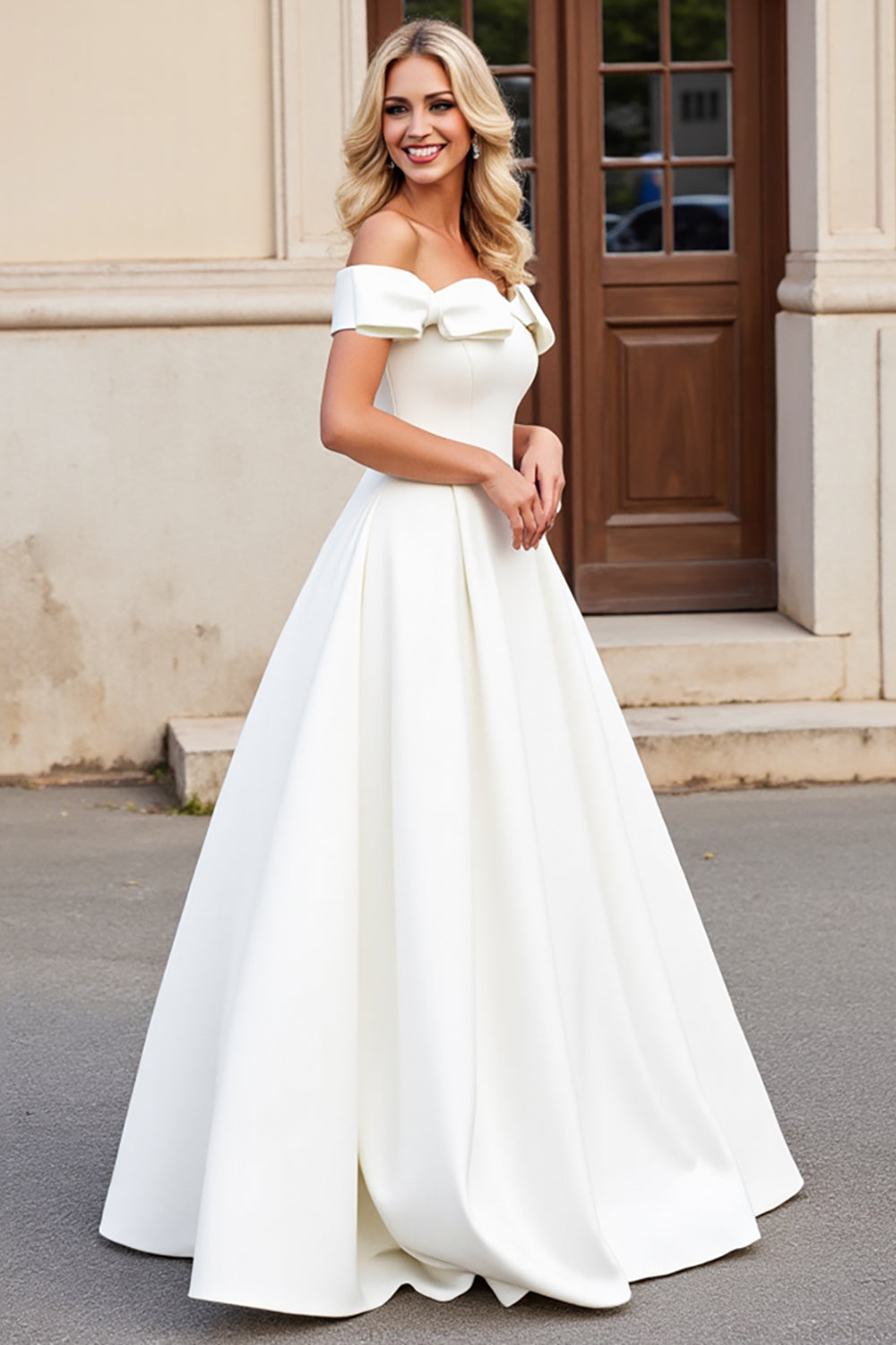 Ivory A-Line Off The Shoulder Satin Long Bridal Dress With Bows - Fashionpara