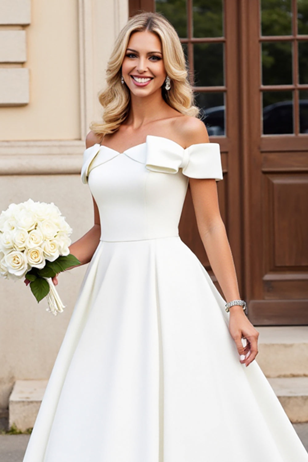 Ivory A-Line Off The Shoulder Satin Long Bridal Dress With Bows - Fashionpara