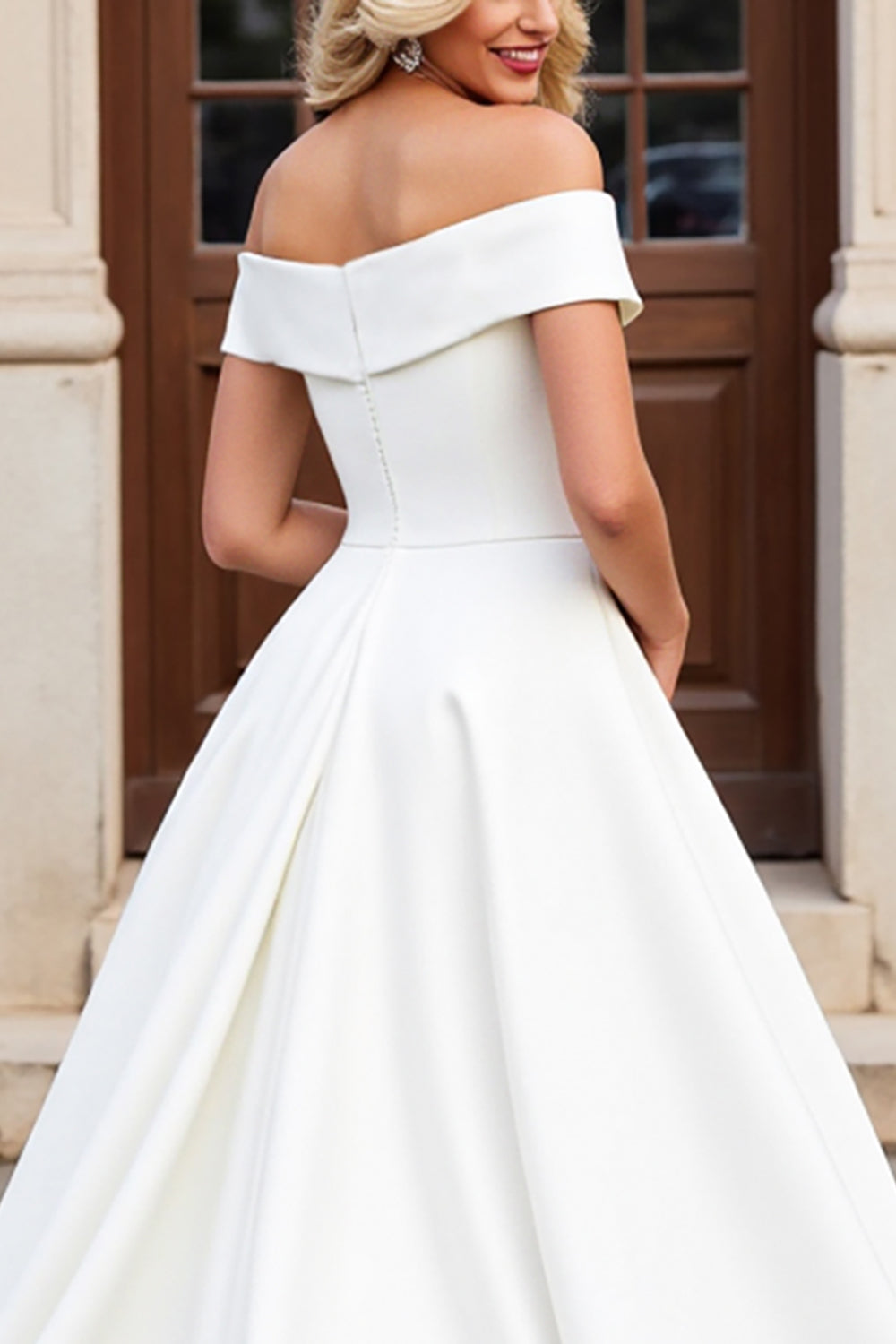 Ivory A-Line Off The Shoulder Satin Long Bridal Dress With Bows - Fashionpara