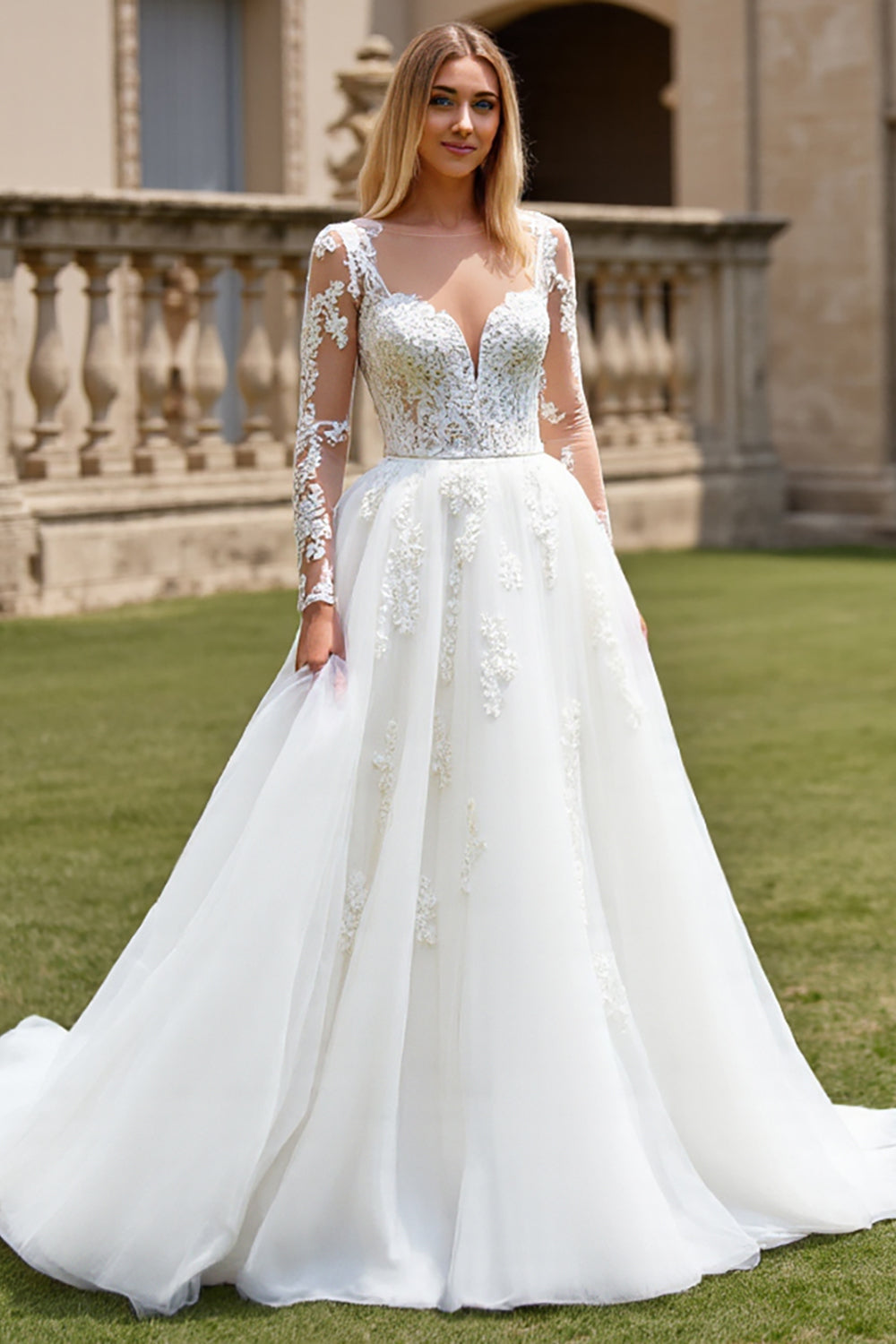 White A-Line V Neck Long Sleeves Tulle Long Bridal Dress With Appliques