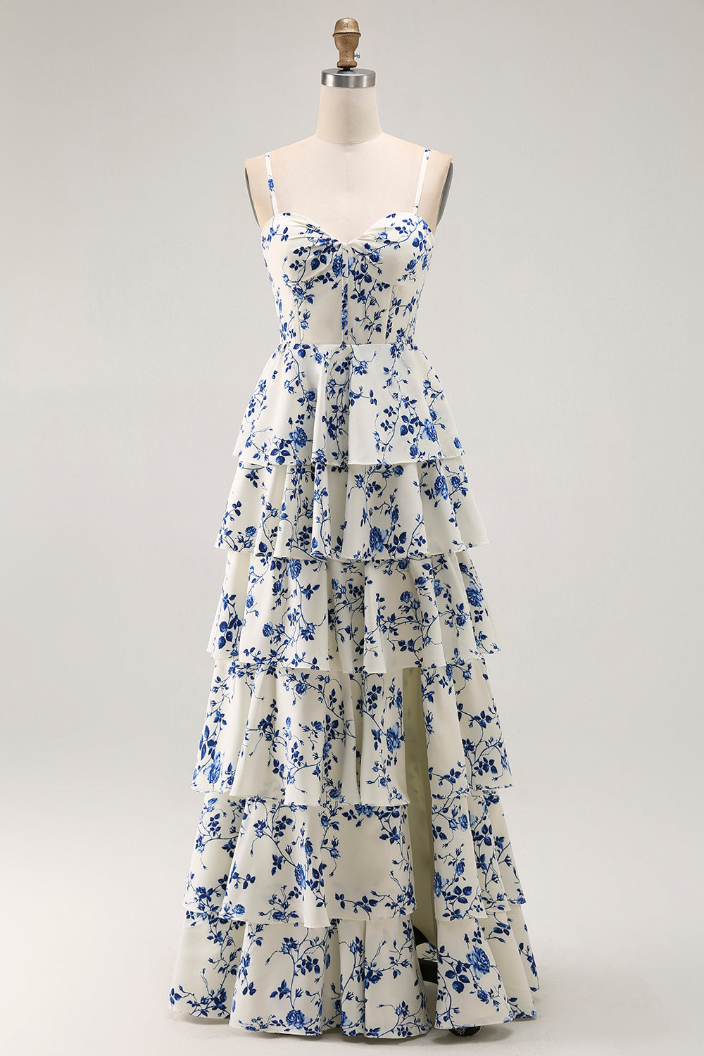 Blue Floral Tiered A Line Ruffled Long Prom Dress with Slit