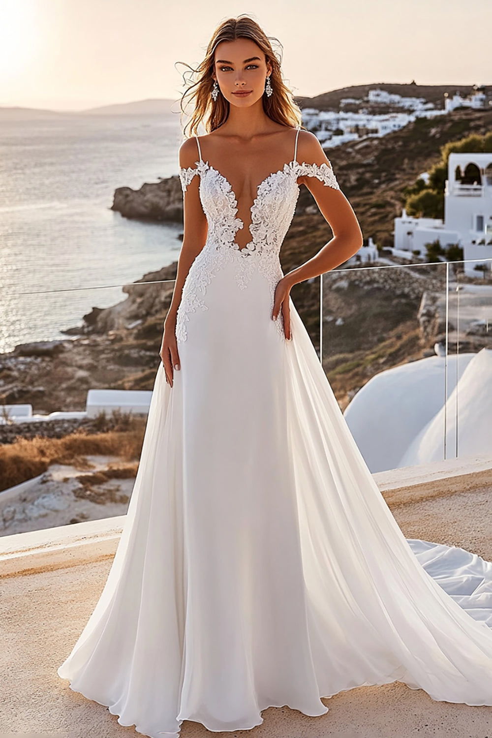 Ivory A-Line Cold Shoulder Laced Chiffon Long Bridal Dress - Fashionpara