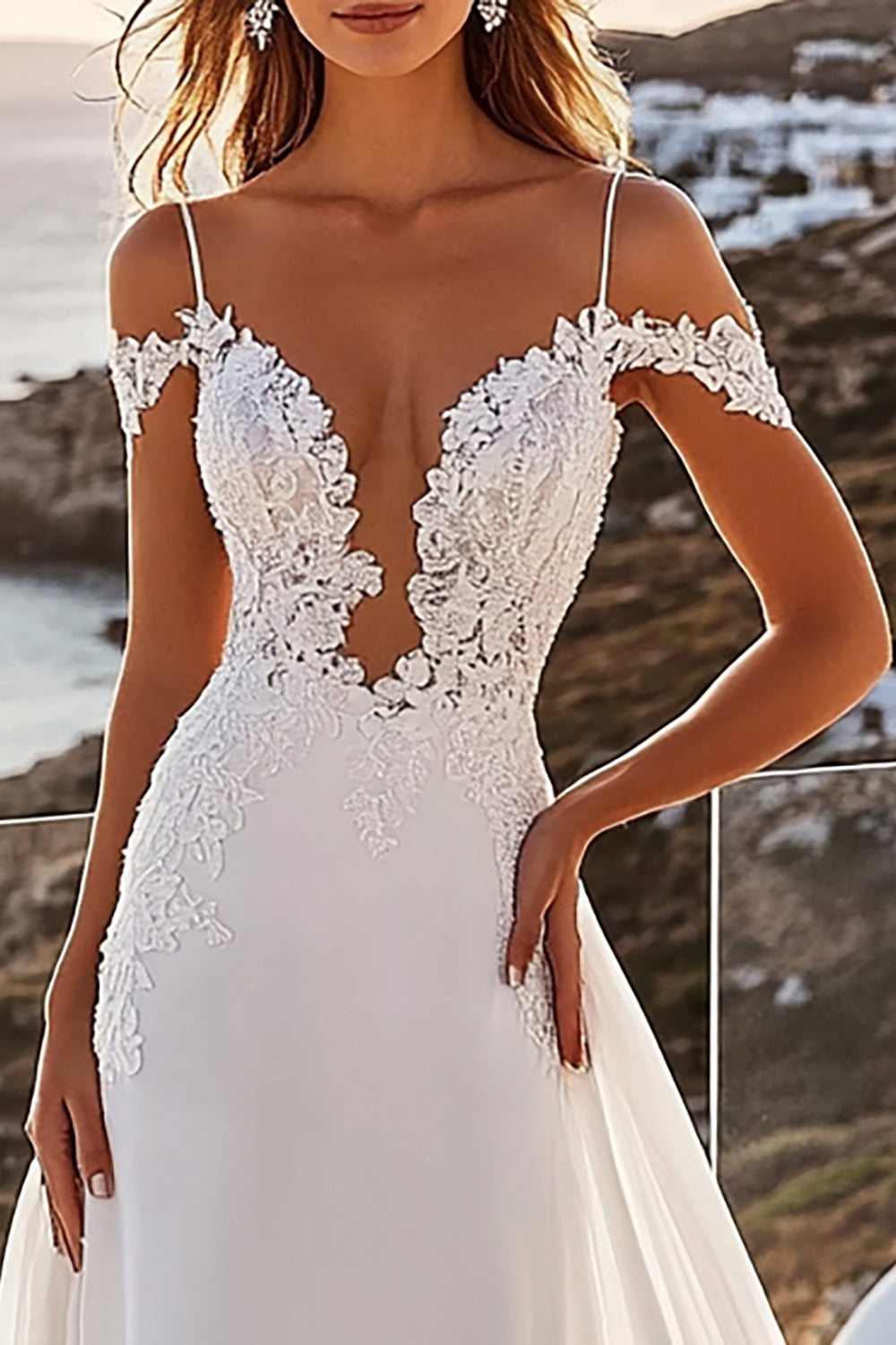 Ivory A-Line Cold Shoulder Laced Chiffon Long Bridal Dress - Fashionpara