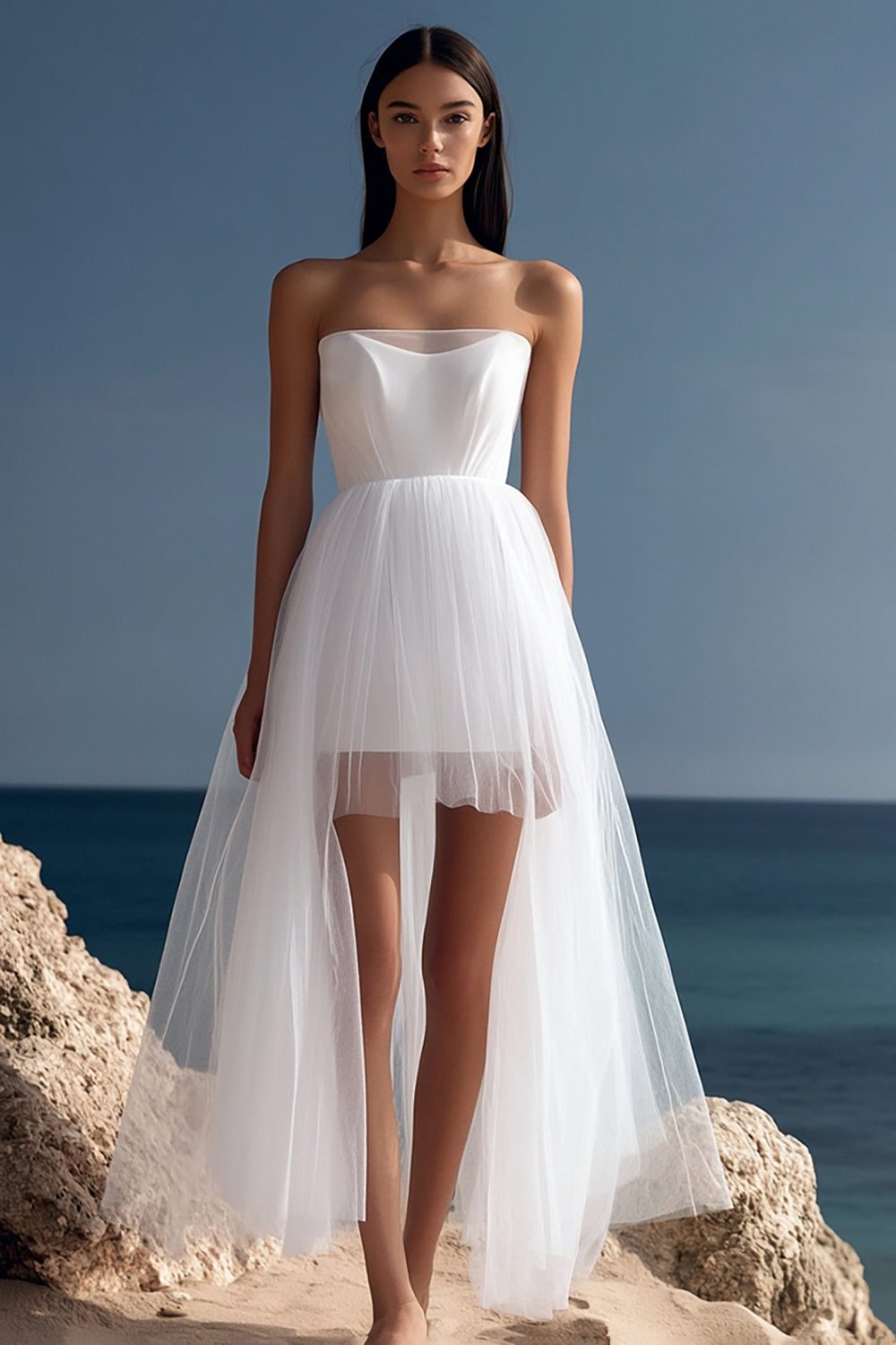 White High-Low Tulle Square Neck Graduation Dress