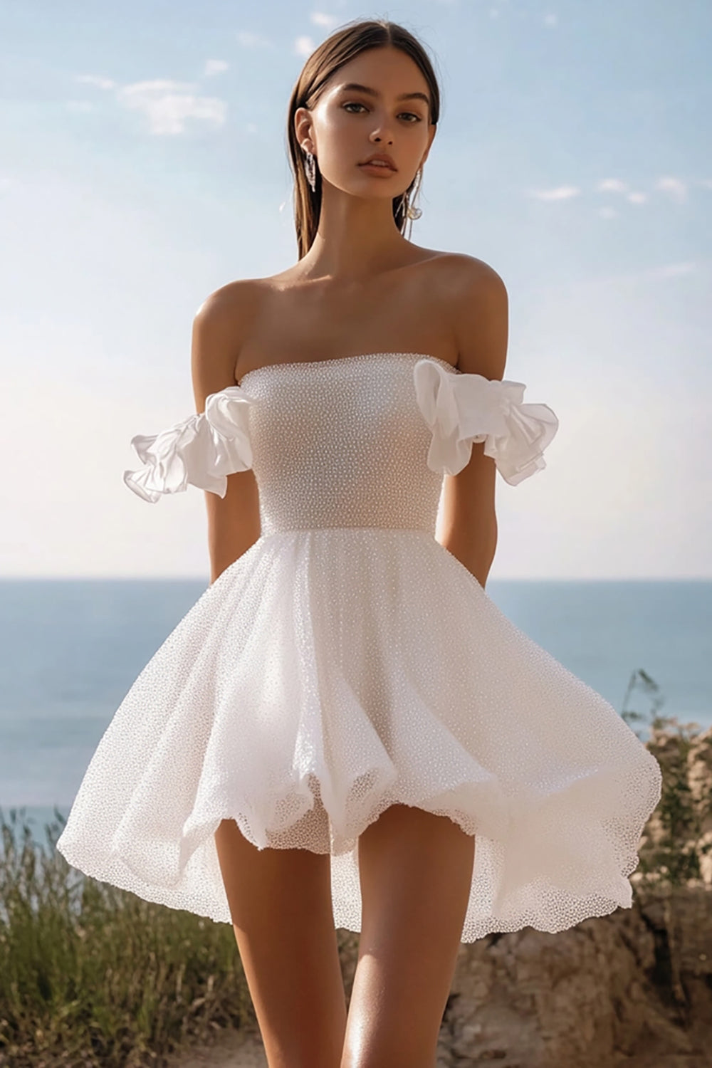 White Sequins Mini Square Neck Graduation Dress