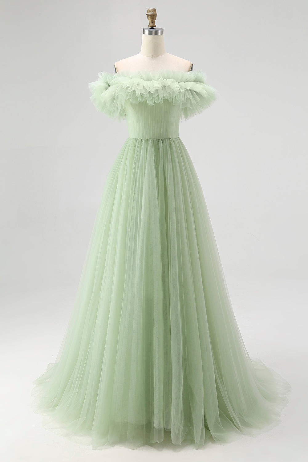 Strapless A-Line Dusty Sage Formal Dress With Ruffles