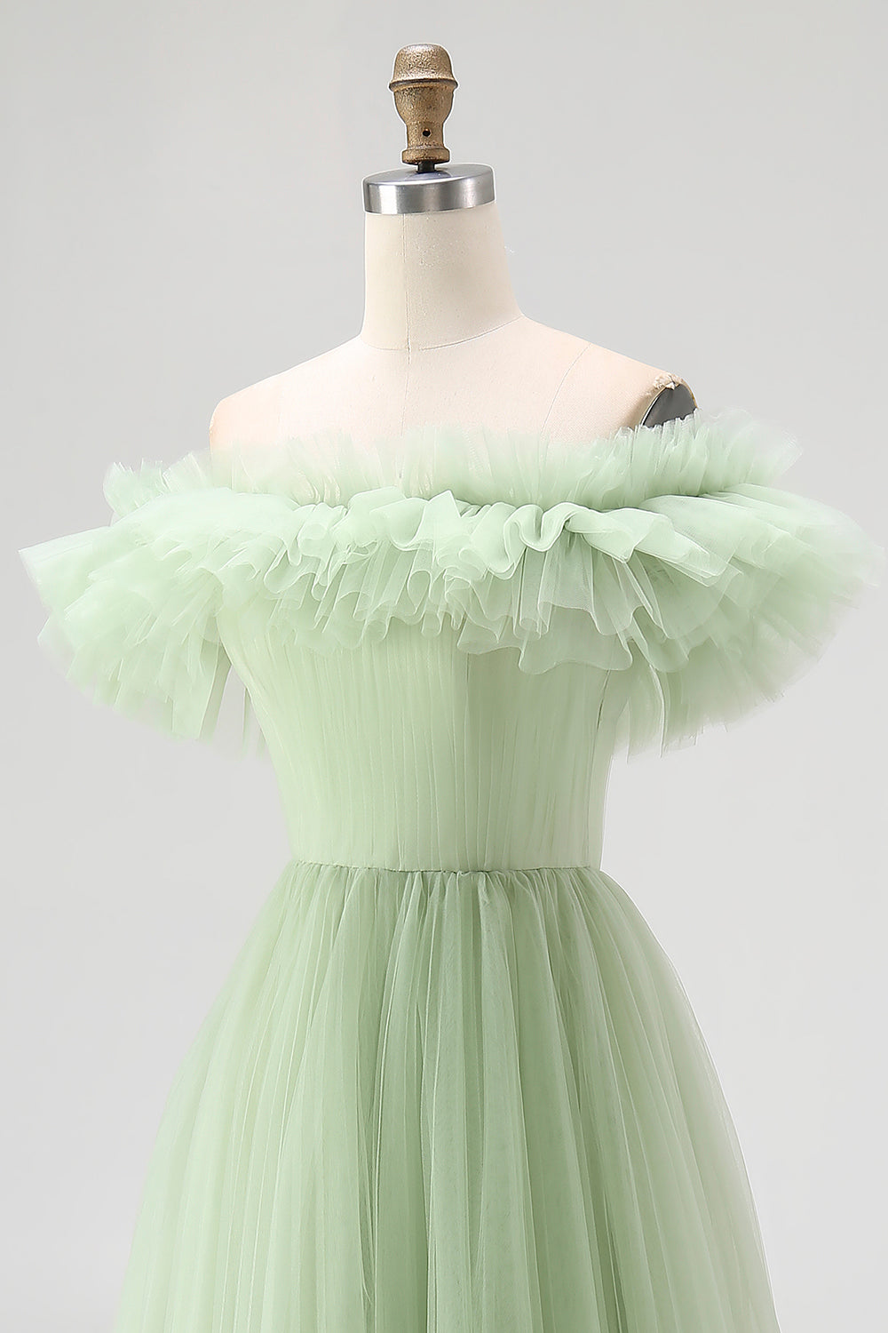 Strapless A-Line Dusty Sage Formal Dress With Ruffles
