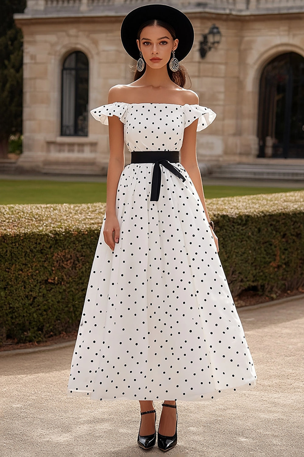 White Off The Shoulder A Line Satin Wedding Guest Dress with Black Dots