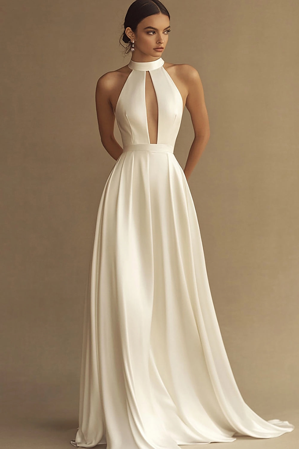 White A-Line High Neck Satin Long Bridal Dress With Hollow Out