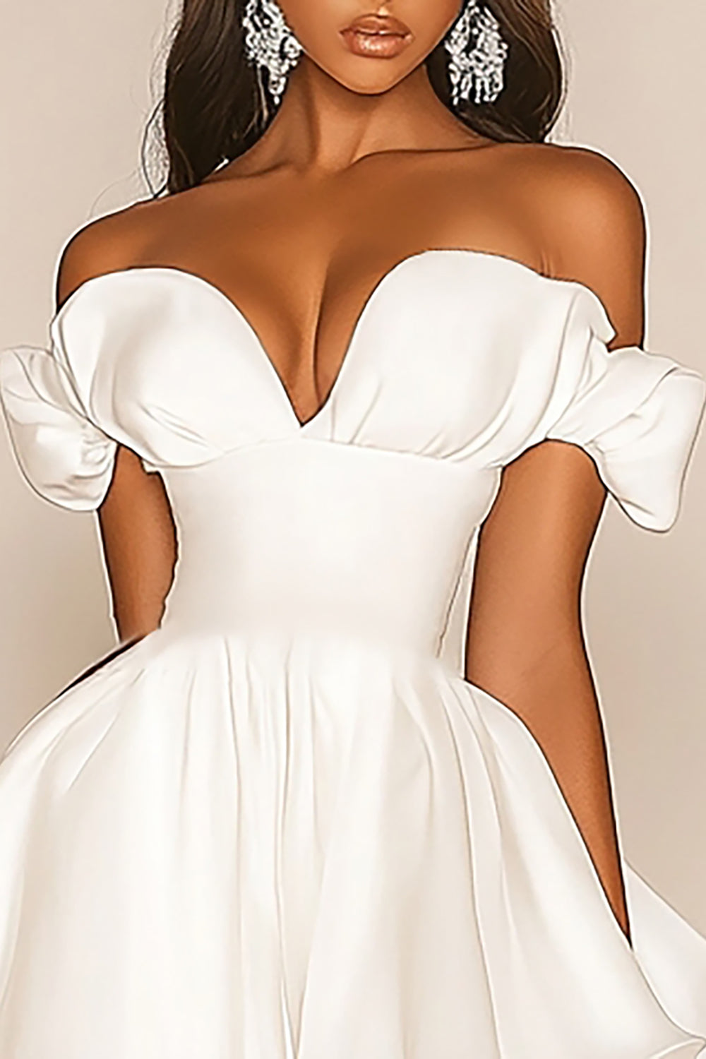 A Line White Off the Shoulder Satin Graduation Dress with Ruffles