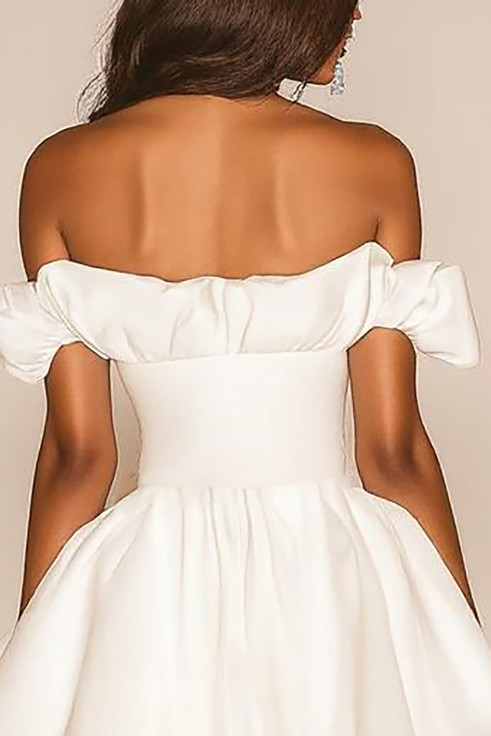 A Line White Off the Shoulder Satin Graduation Dress with Ruffles