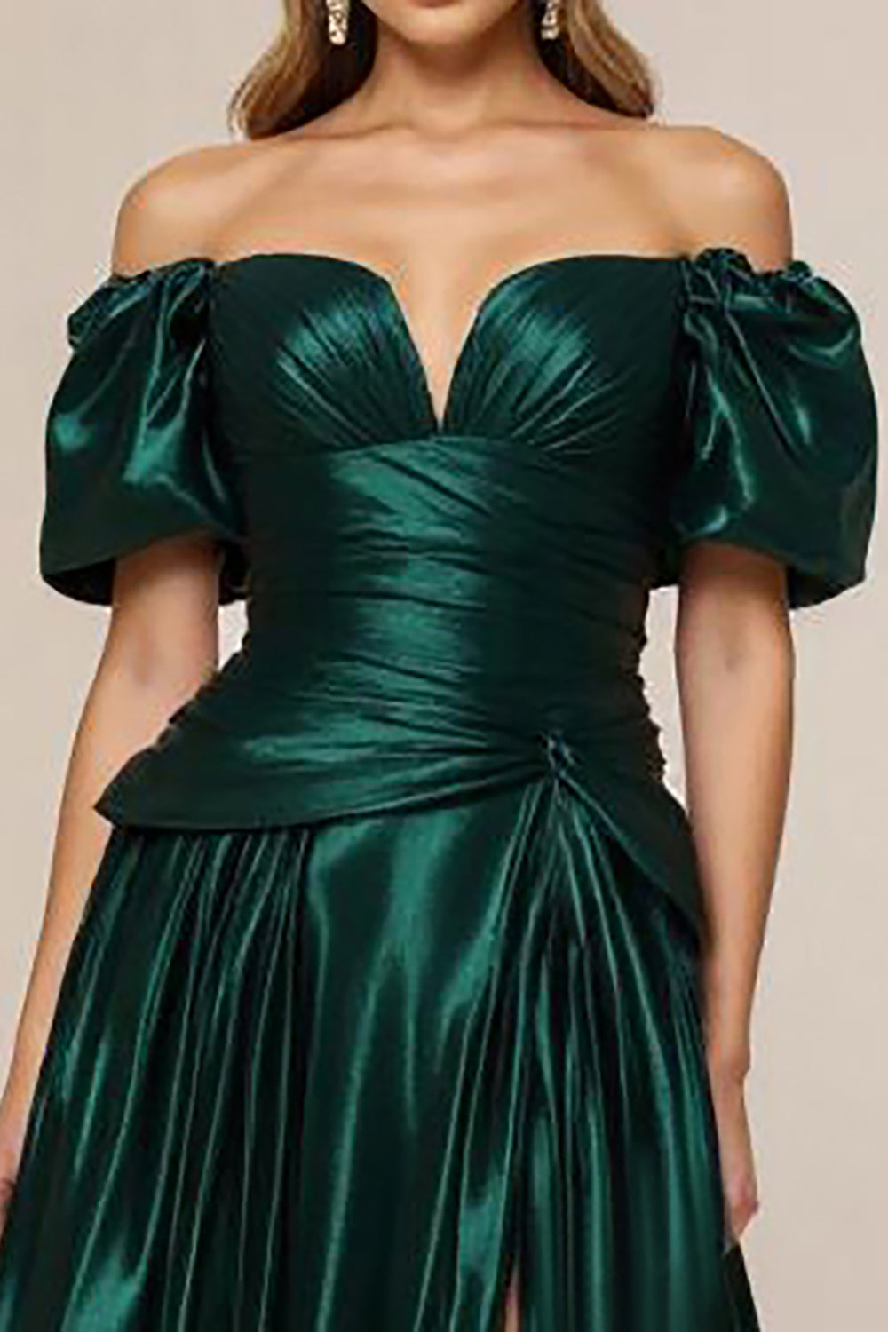 Off the Shoulder Dark Green A Line Tiered Satin Prom Dress - Fashionpara