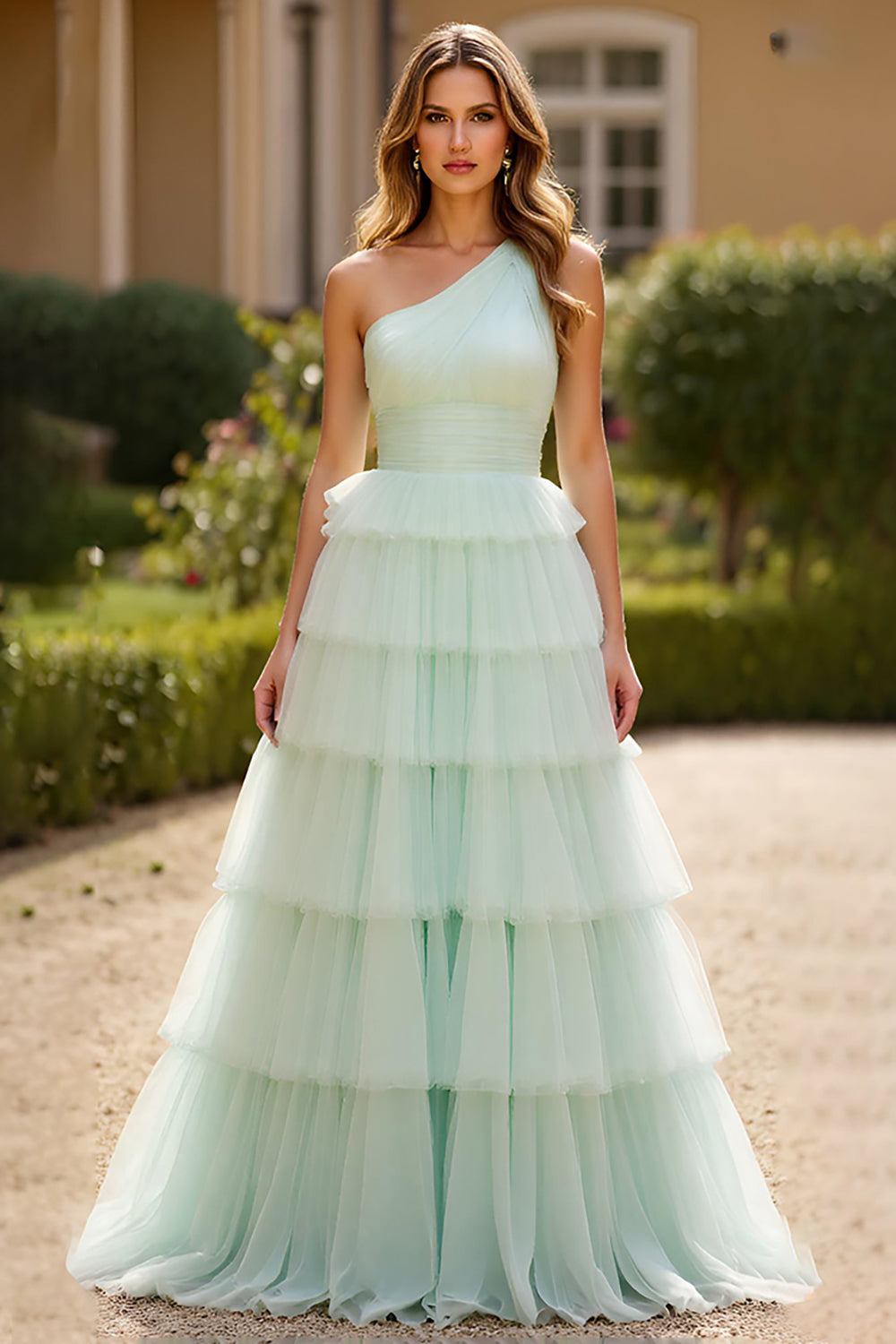 Mint Green A Line One Shoulder Tulle Long Prom Dress with Ruffles - Fashionpara