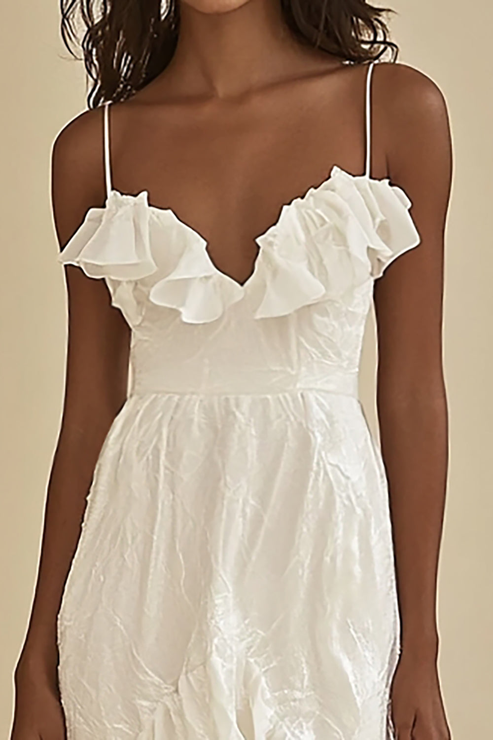White Chiffon A Line High-Low Graduation Dress with Ruffles - Fashionpara