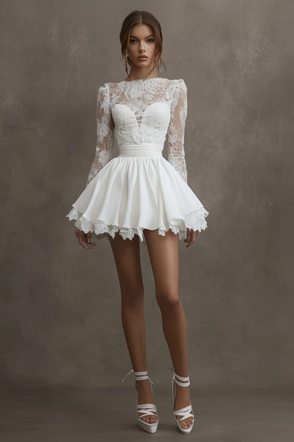 White Satin Bateau Short Lace Graduation Dress with Long Sleeves