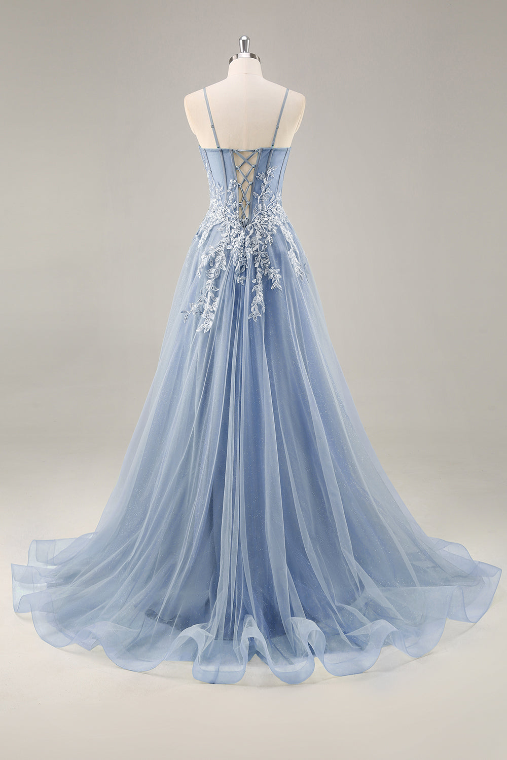 Grey Purple Beaded Corset Applique Long Prom Dress with Slit