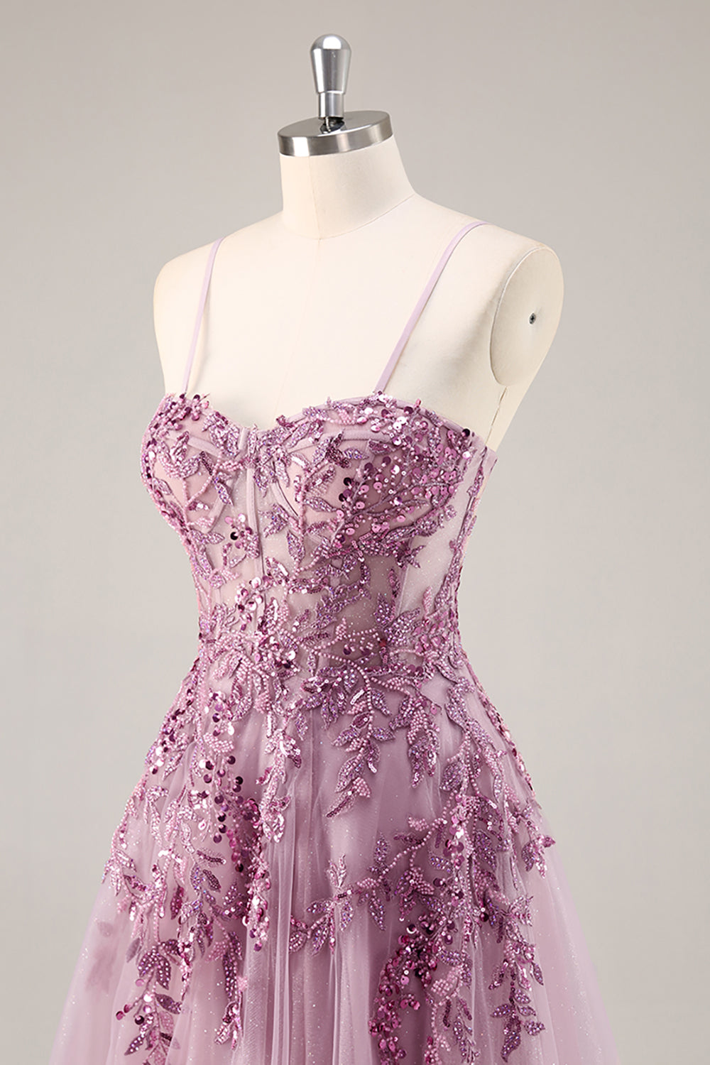 Grey Purple Beaded Corset Applique Long Prom Dress with Slit