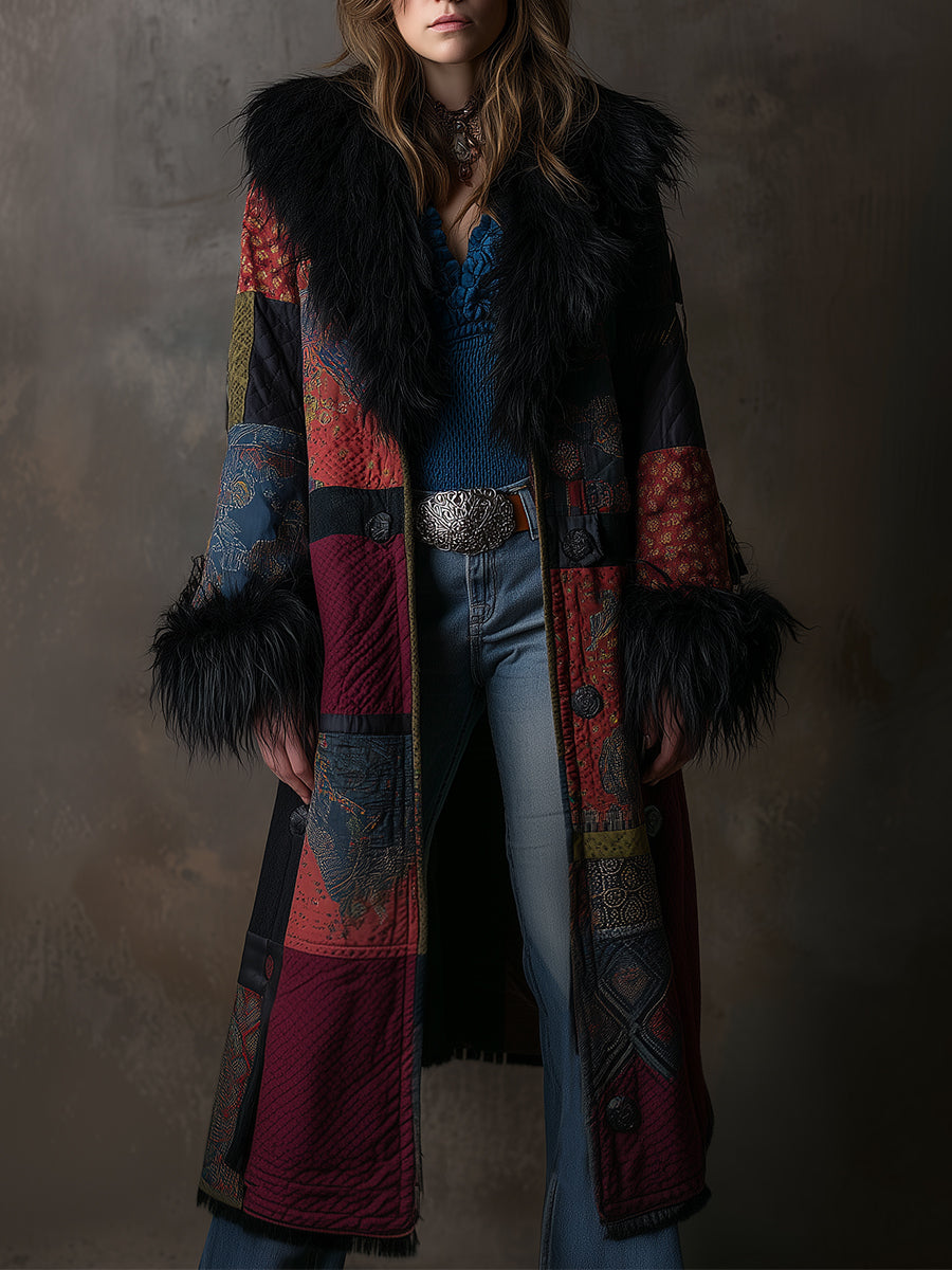 Detachable Fur Collar Vintage Print Quilted Midi Coat - Fashionpara