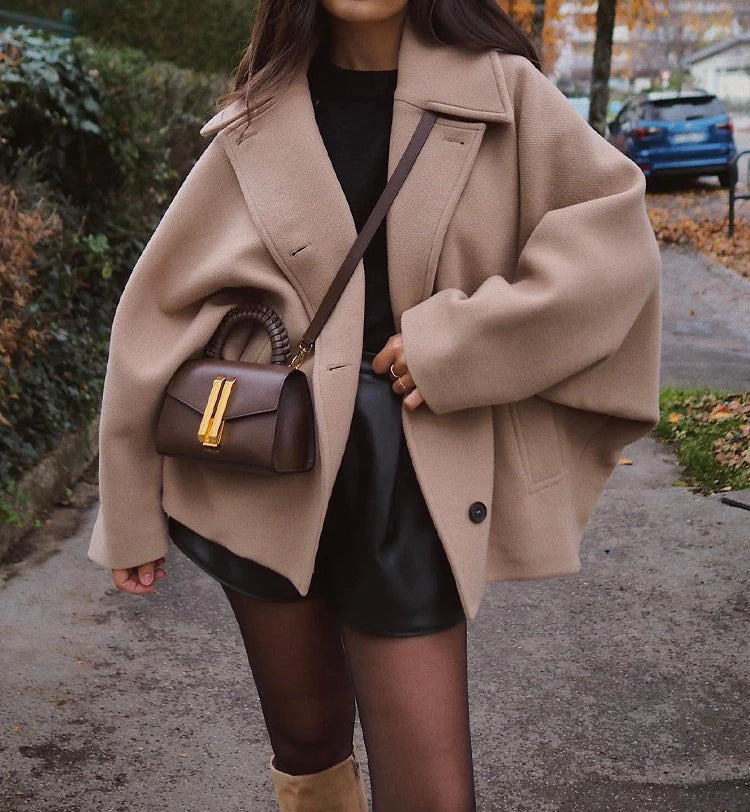 Winter Loose Short Stand Long Casual Wool Blended Khaki Coat