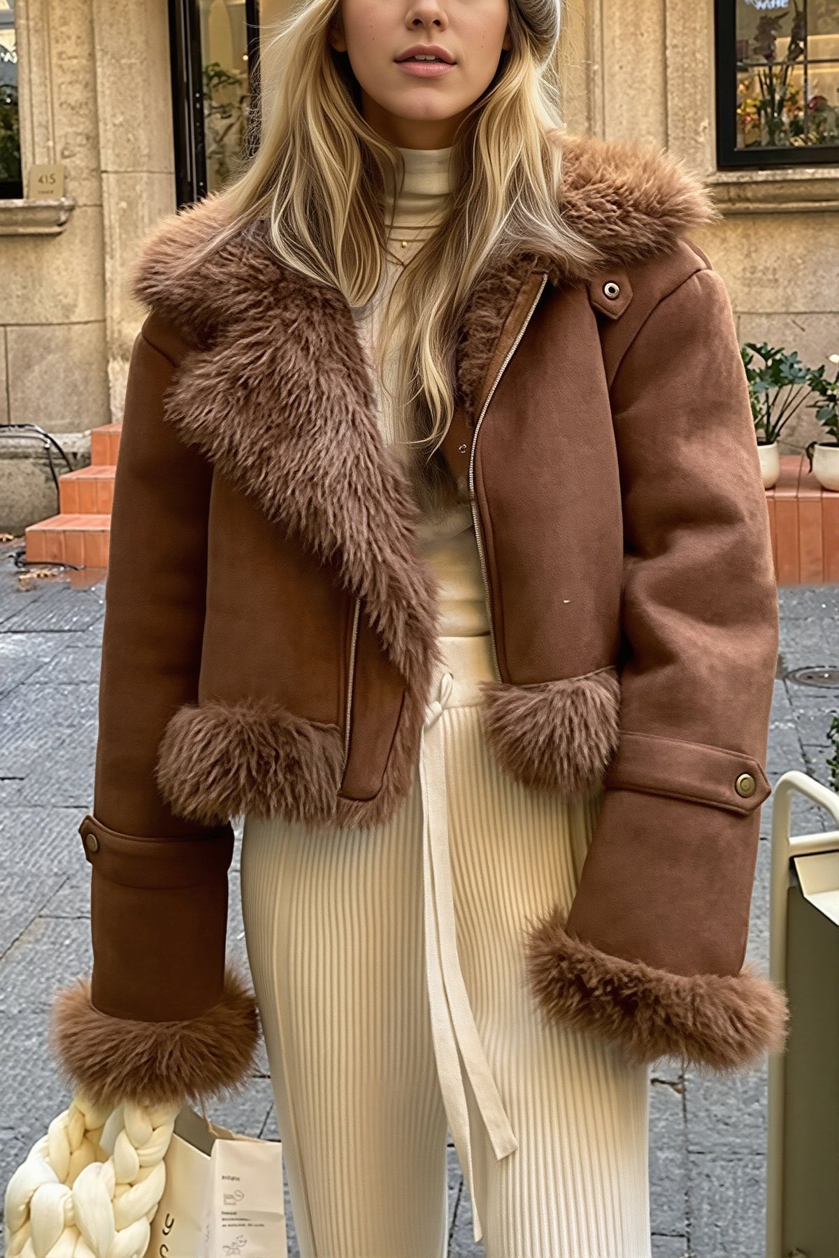 Oversized Fur Collar Suede Look Coat 6