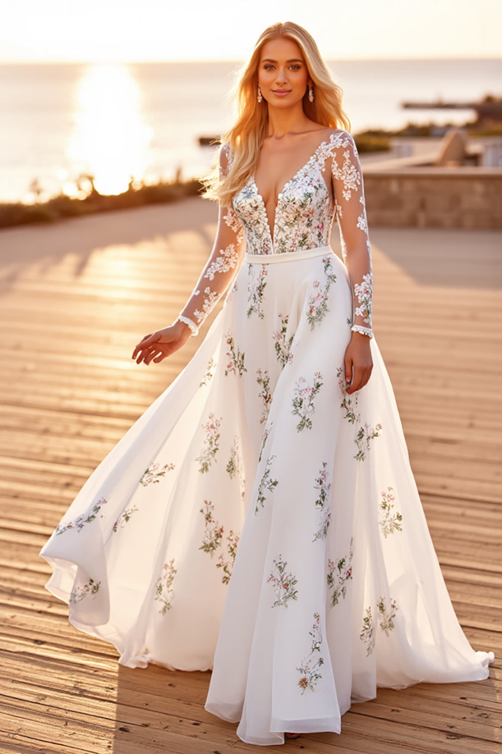 Appliqued A Line White Wedding Dress with Long Sleeves