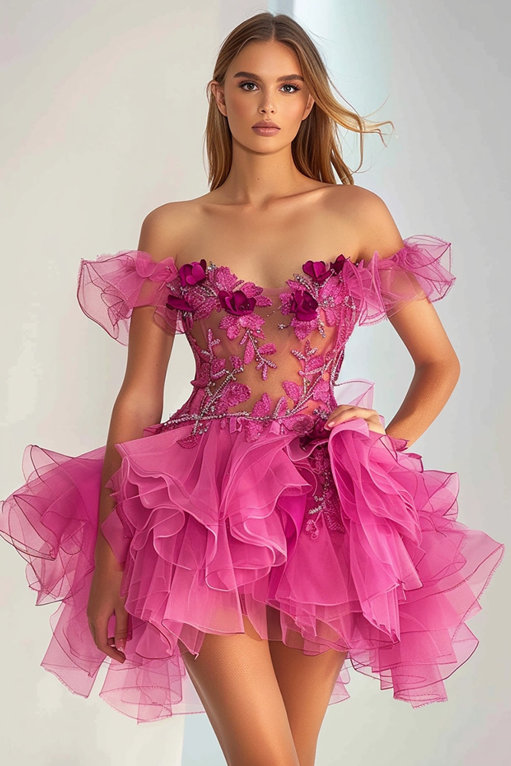Fuchsia Floral Short Tulle Homecoming Dress with Appliques Off the Shoulder A Line Cocktail Dress with Ruffles