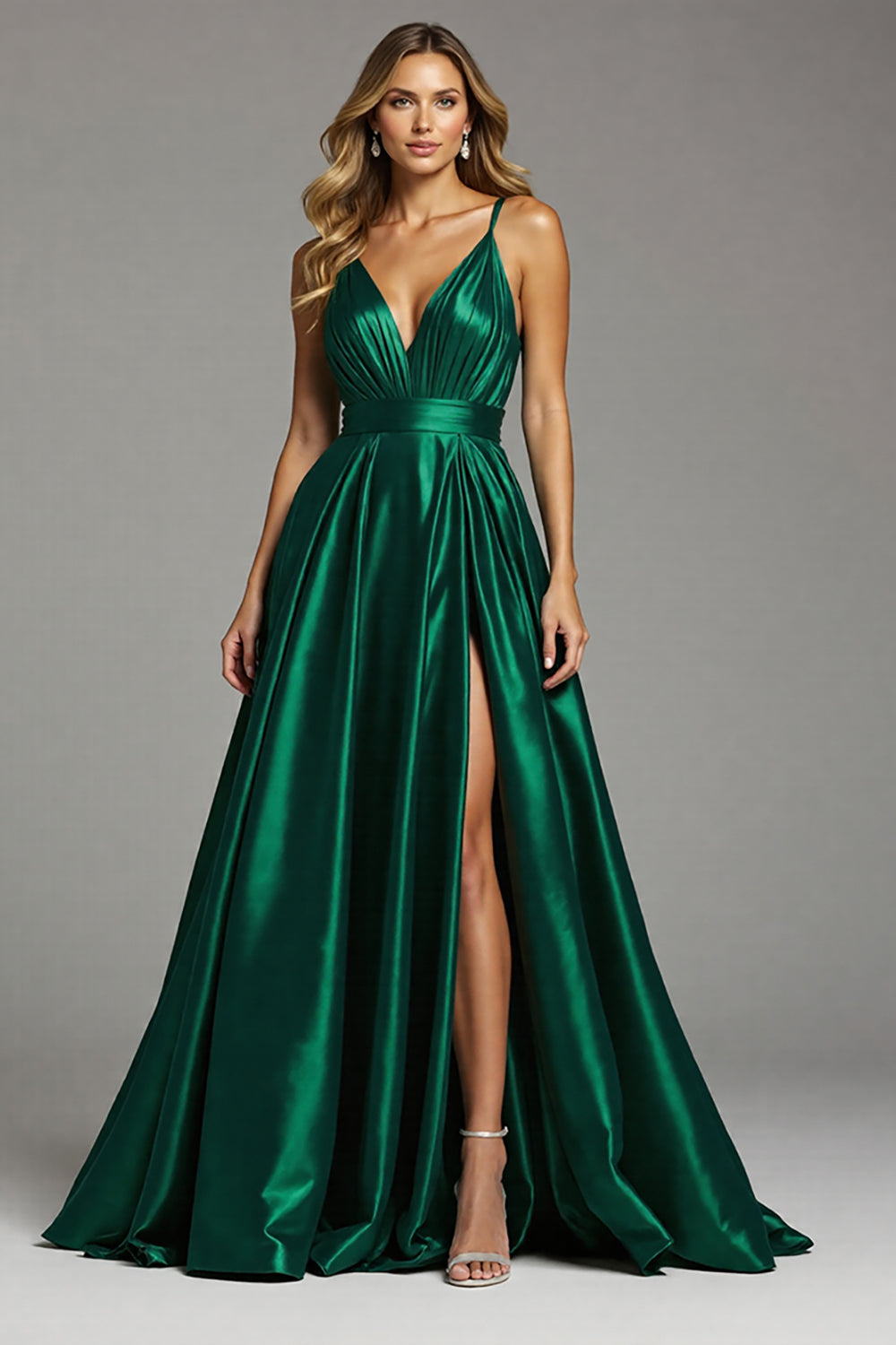 A Line Ruched Long Dark Green Prom Dress - Fashionpara