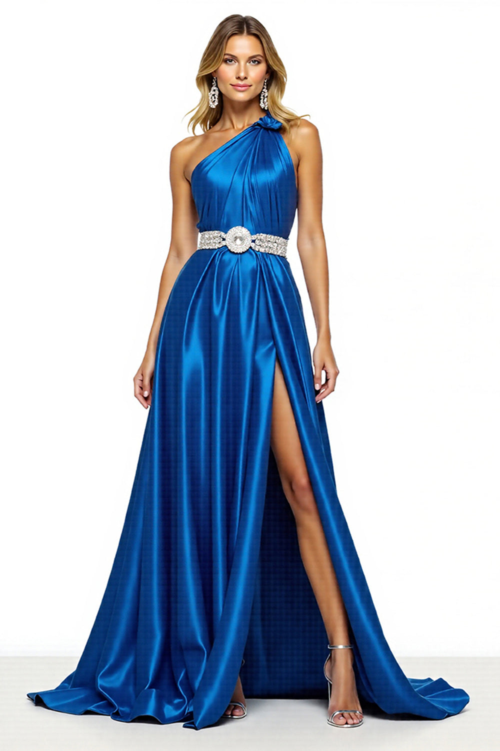 Sparkly Royal Blue Satin A Line Long Prom Dress with Slit - Fashionpara