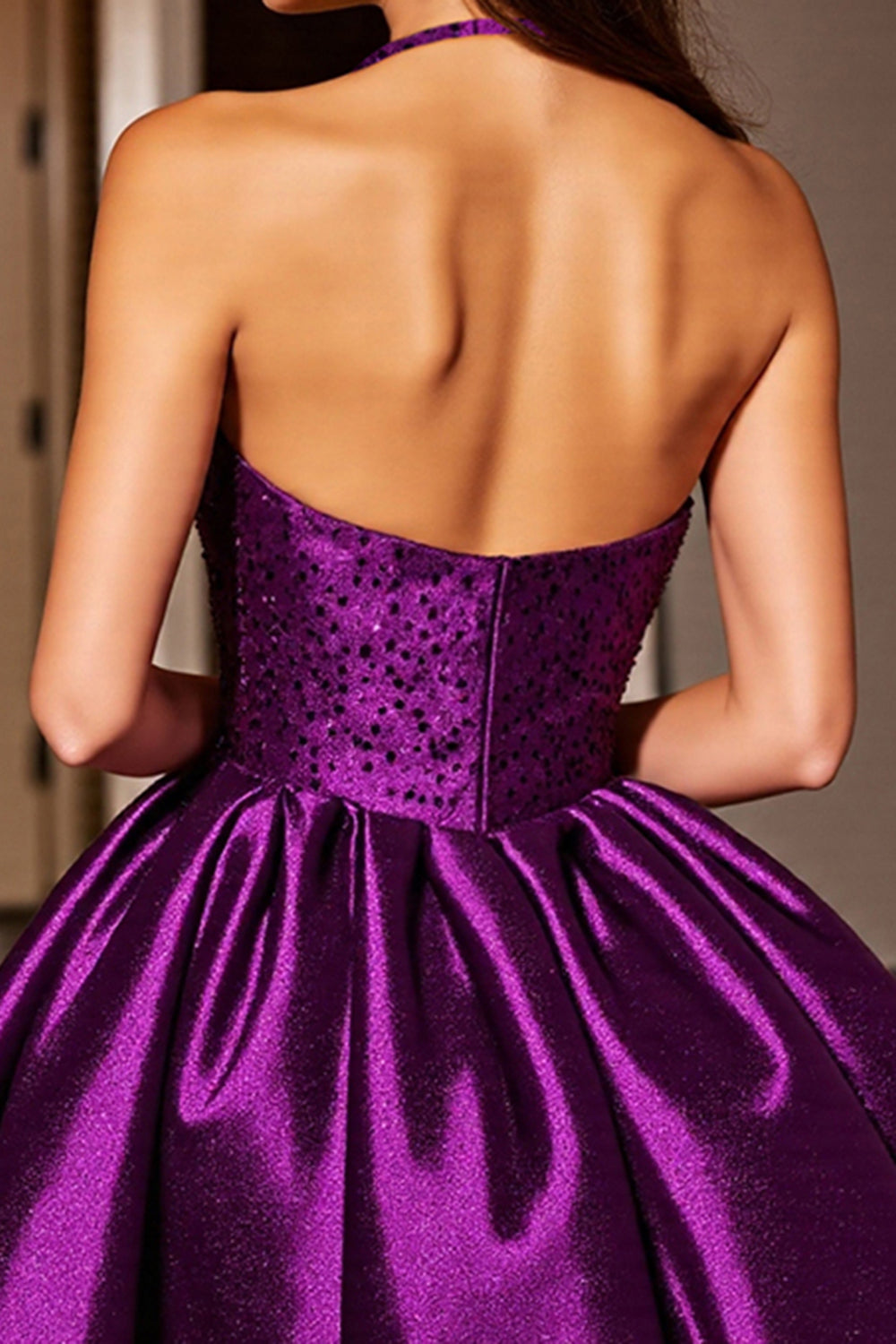 Sparkly Dark Purple Sequin A Line Halter Short Homecoming Dress
