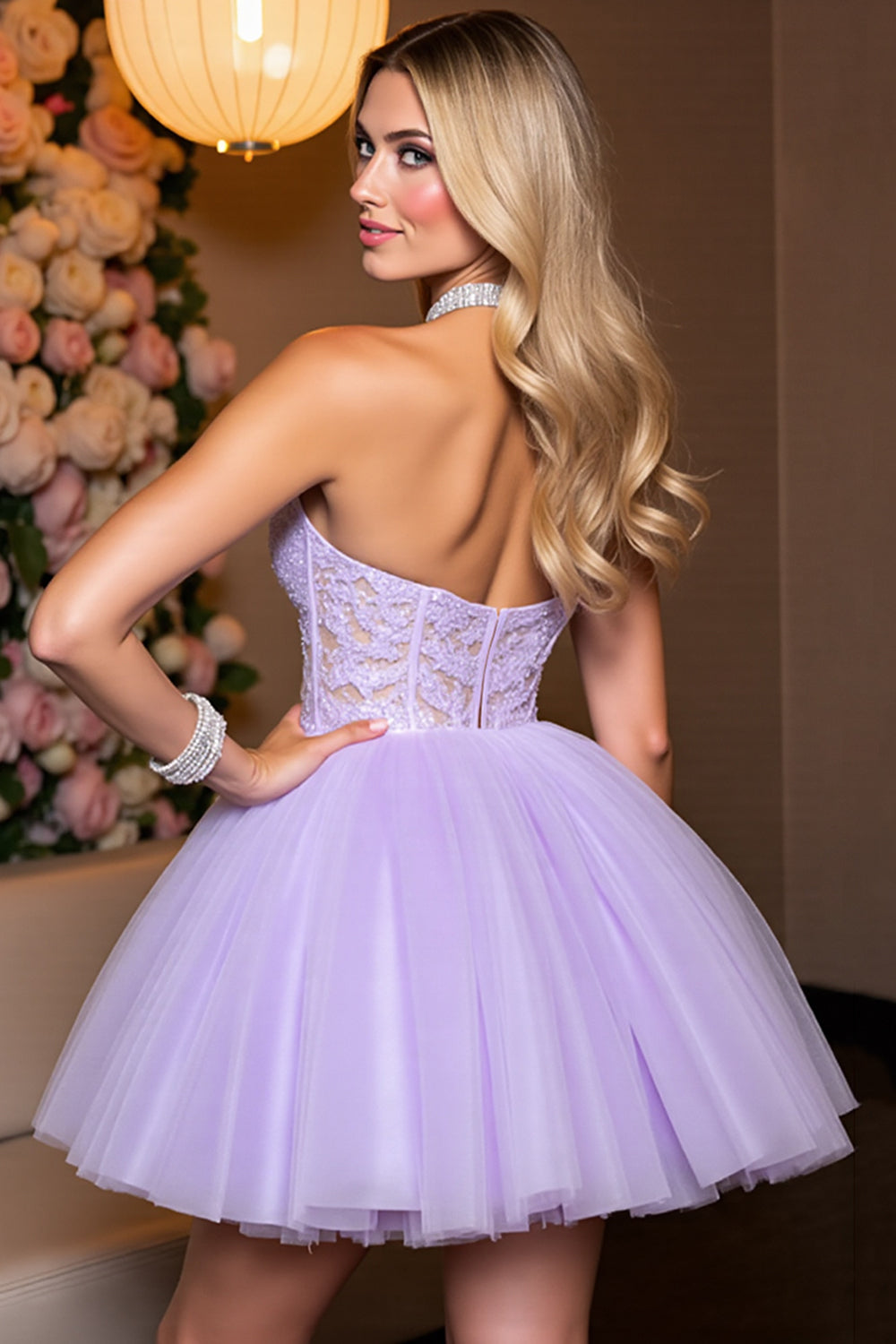 Lilac Corset Tulle A Line Halter Short Homecoming Dress