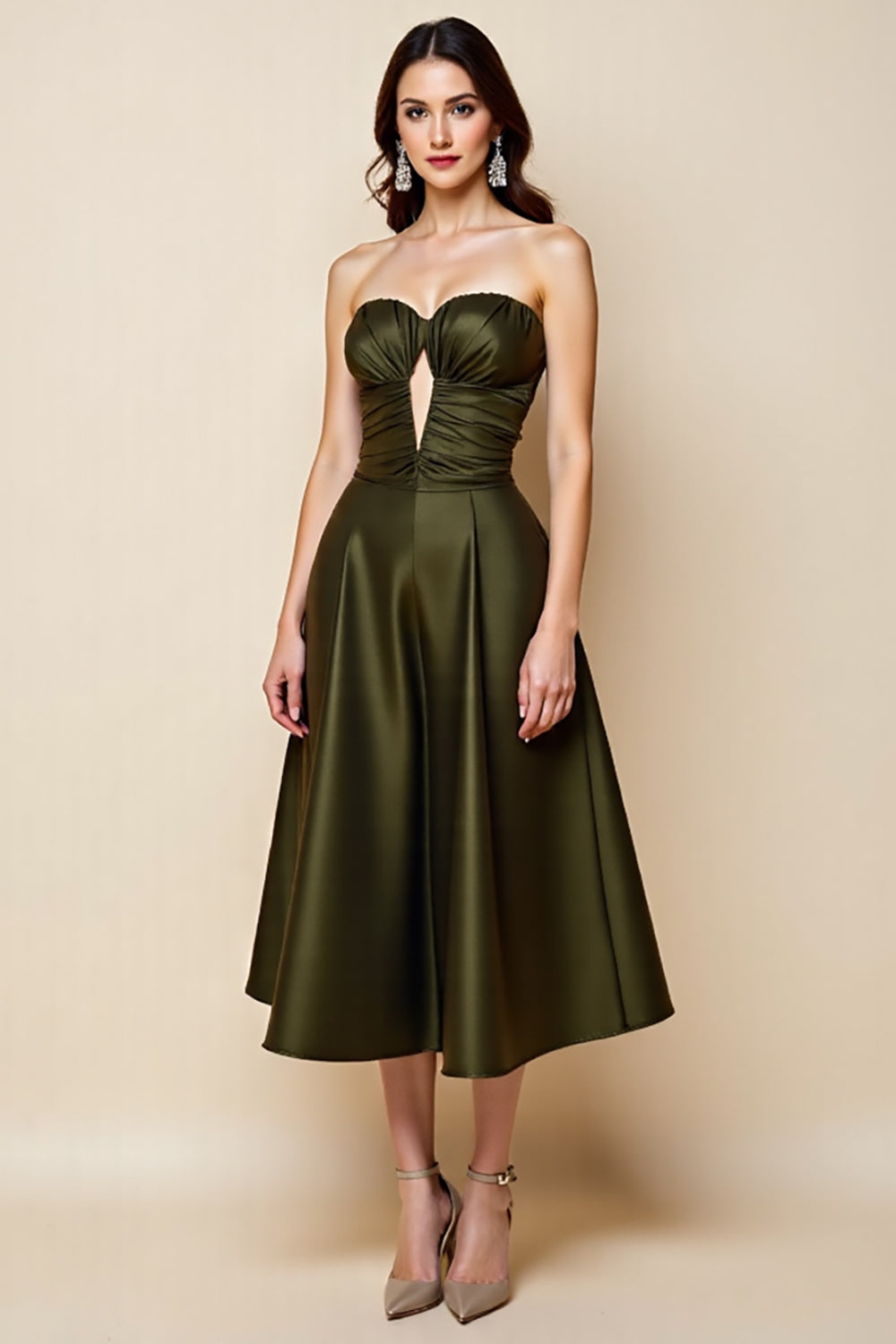 Olive Satin A Line Strapless Midi Keyhole Homecoming Dress