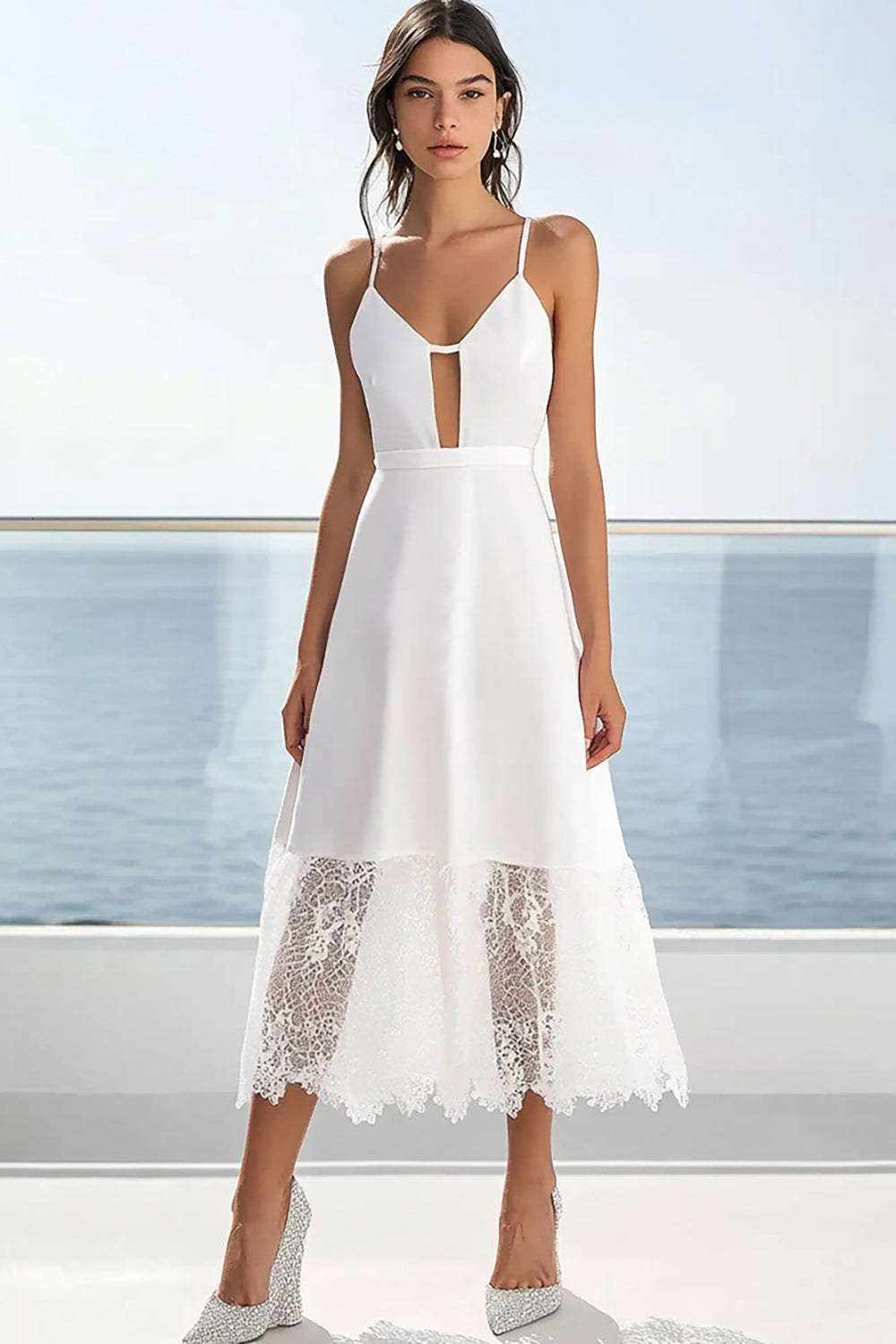 White Satin A Line Spaghetti Straps Midi Graduation Dress with Lace