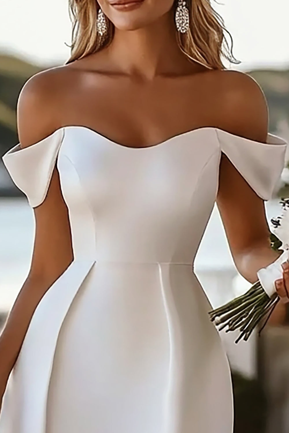 White Satin Off the Shoulder A Line Short Graduation Dress