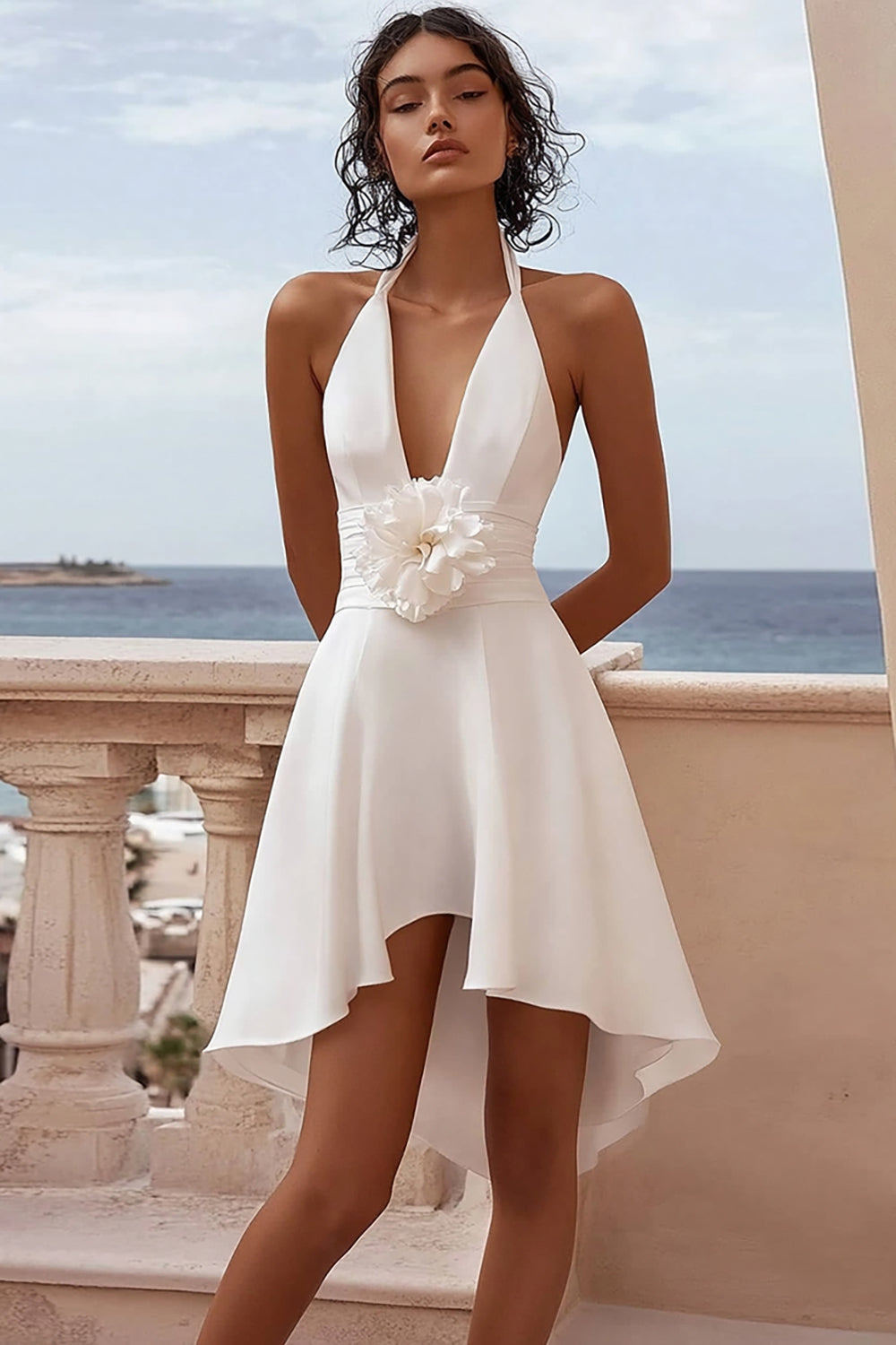 A Line White Halter Graduation Dress with 3D Flower - Fashionpara